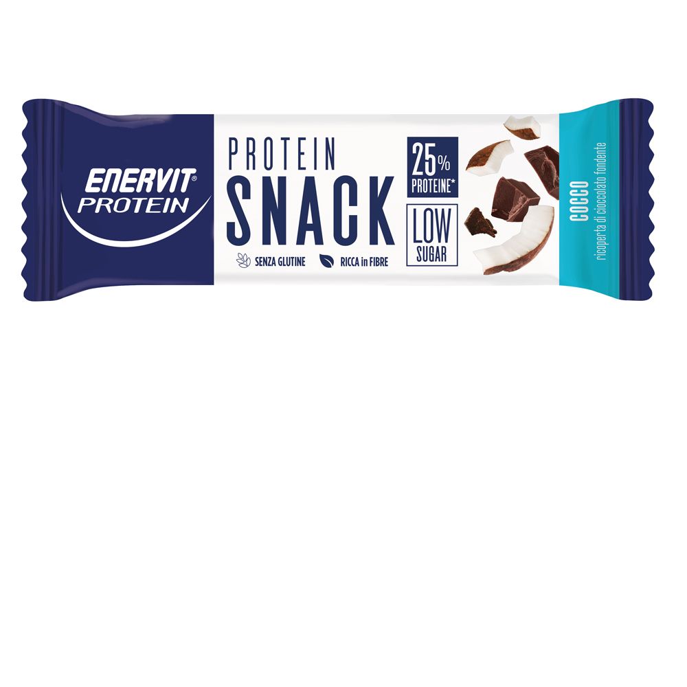 Singolo Protein Snack in confezione. Scritta: Protein Snack, Cocco, 25% proteine, Low Sugar. Immagine: cocco e cioccolato.