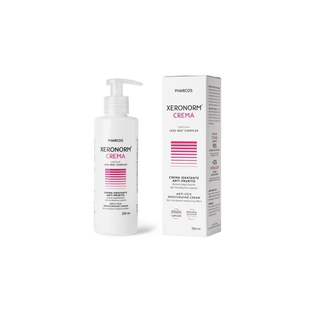 Pharcos Xeronorm Feuchtigkeitscreme in weißer Flasche mit Pumpspender und Kartonverpackung.