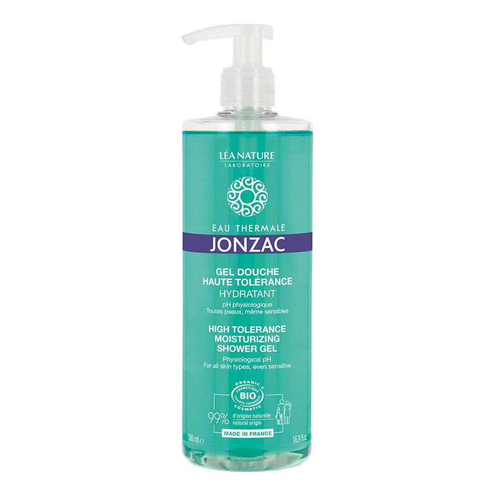 Türkisgrüne Flasche mit Dosierpumpe. Aufschrift: Eau Thermale Jonzac, Gel Douche Hydratant. Bio-Zertifizierung.