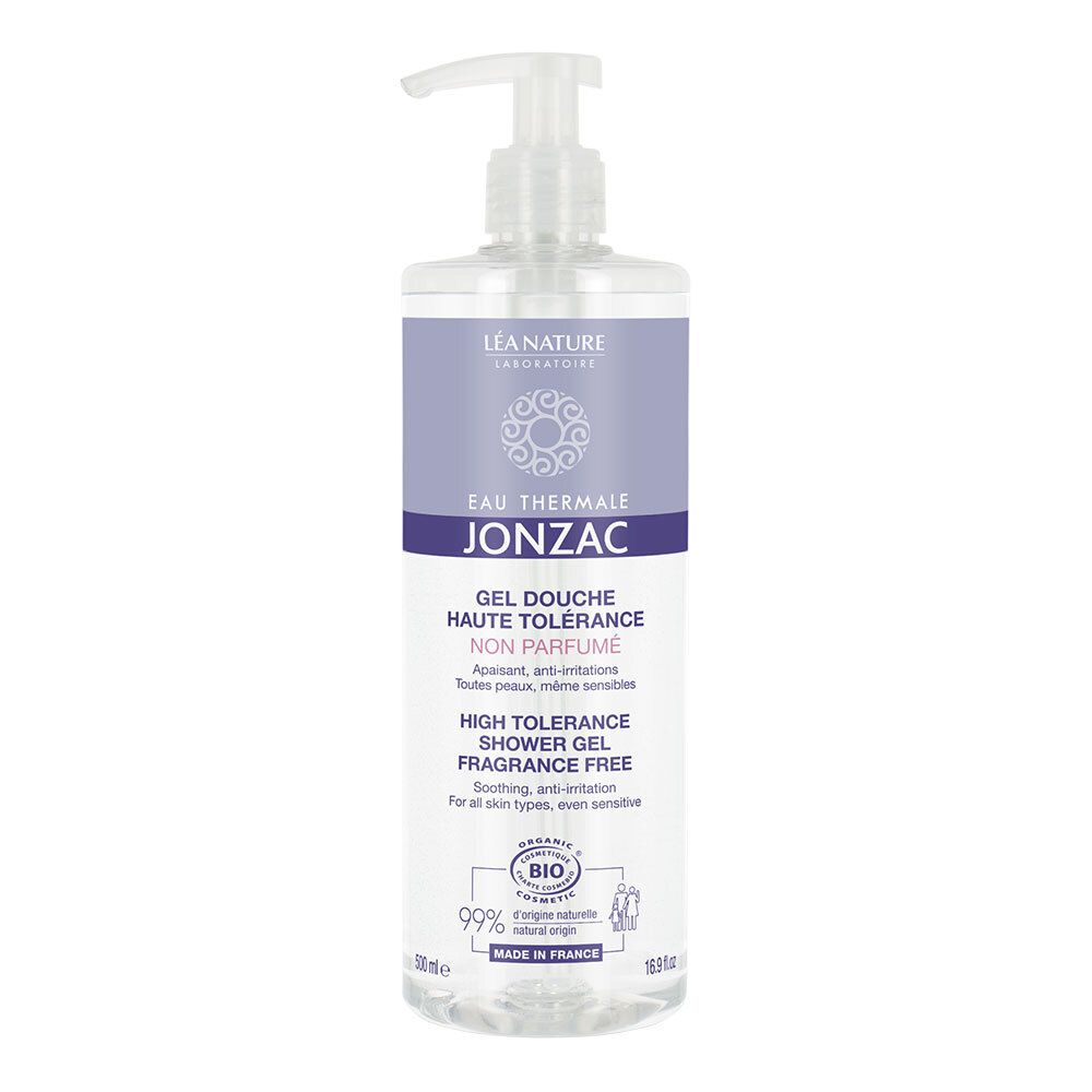 Klarer Kunststoffbehälter mit Dosierpumpe. Aufschrift: Eau Thermale Jonzac, Gel Douche Haute Tolérance, Non Parfumé.