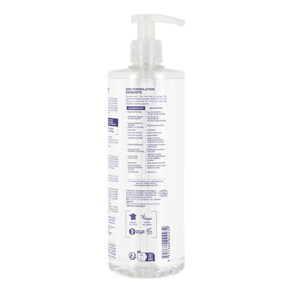 Rückseite des Flaschenetiketts. Text in Französisch. Enthält Informationen über das Produkt und Inhaltsstoffe.