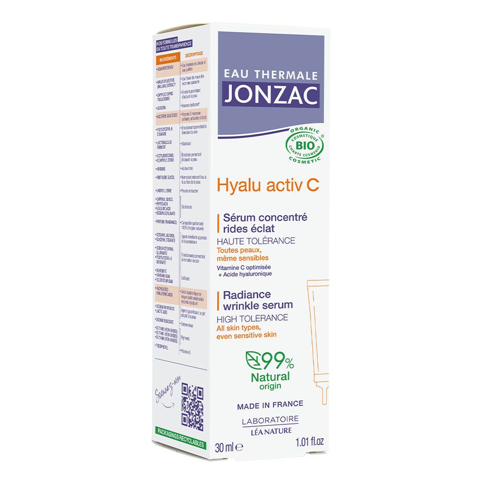 Weiße Schachtel mit blauem Deckel. Text: Eau Thermale Jonzac, Hyalu activ C, Serum, 99% natürlichen Ursprungs. Mit QR-Code.