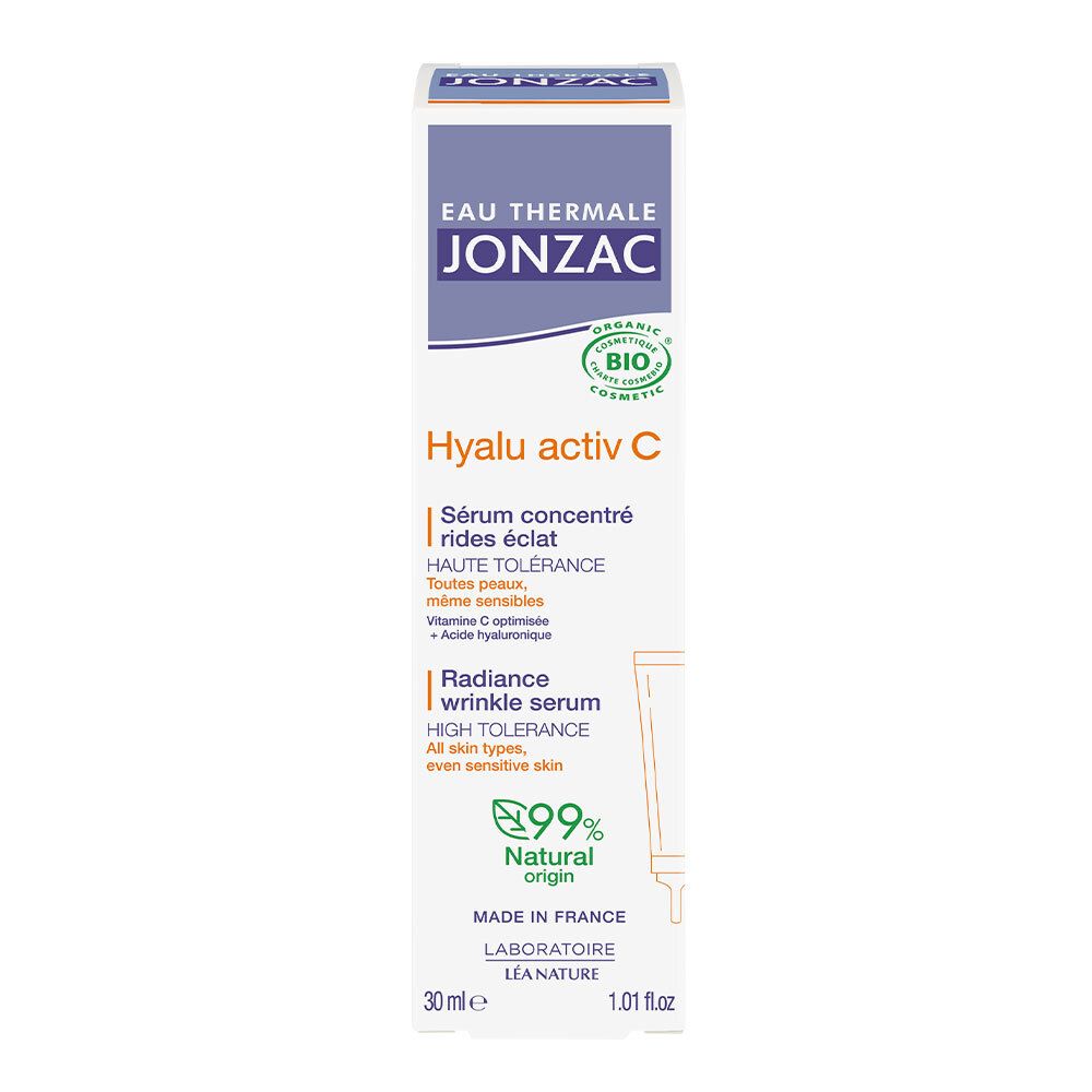 Weiße Schachtel mit blauem Deckel. Text: Eau Thermale Jonzac, Hyalu activ C, Serum, 99% natürlichen Ursprungs. 30 ml.