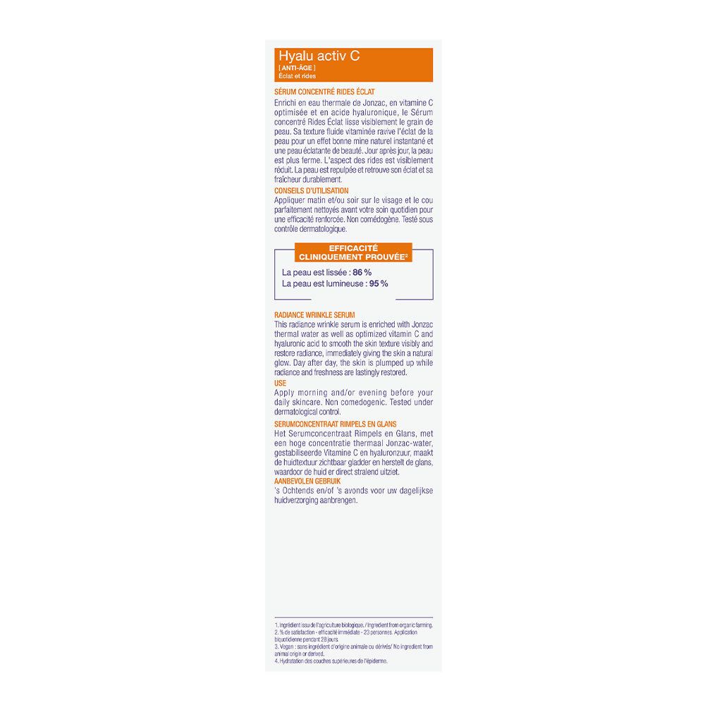 Text auf einer Verpackung. Enthält Informationen zu Inhaltsstoffen, Anwendung und klinischen Ergebnissen. Mit Diagrammen.