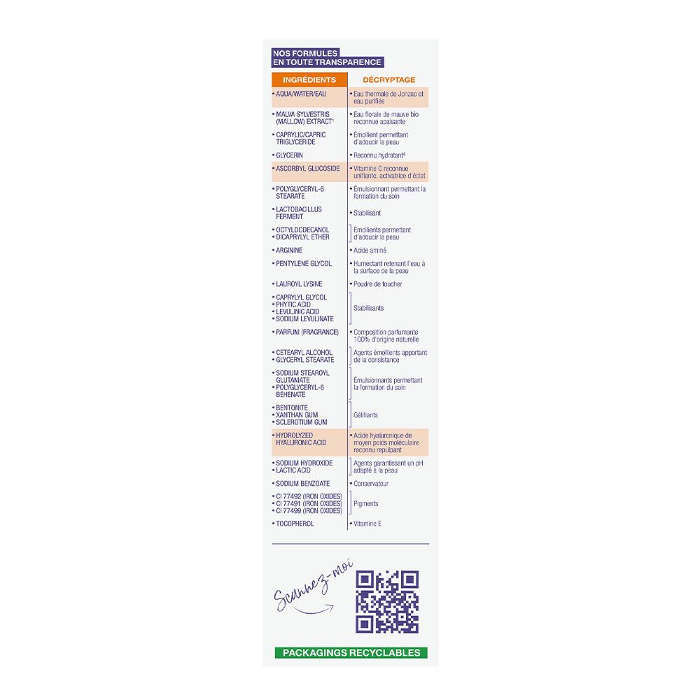 Text auf einer Verpackung. Auflistung der Inhaltsstoffe und deren Bedeutung. Mit QR-Code und Recycling-Symbolen.