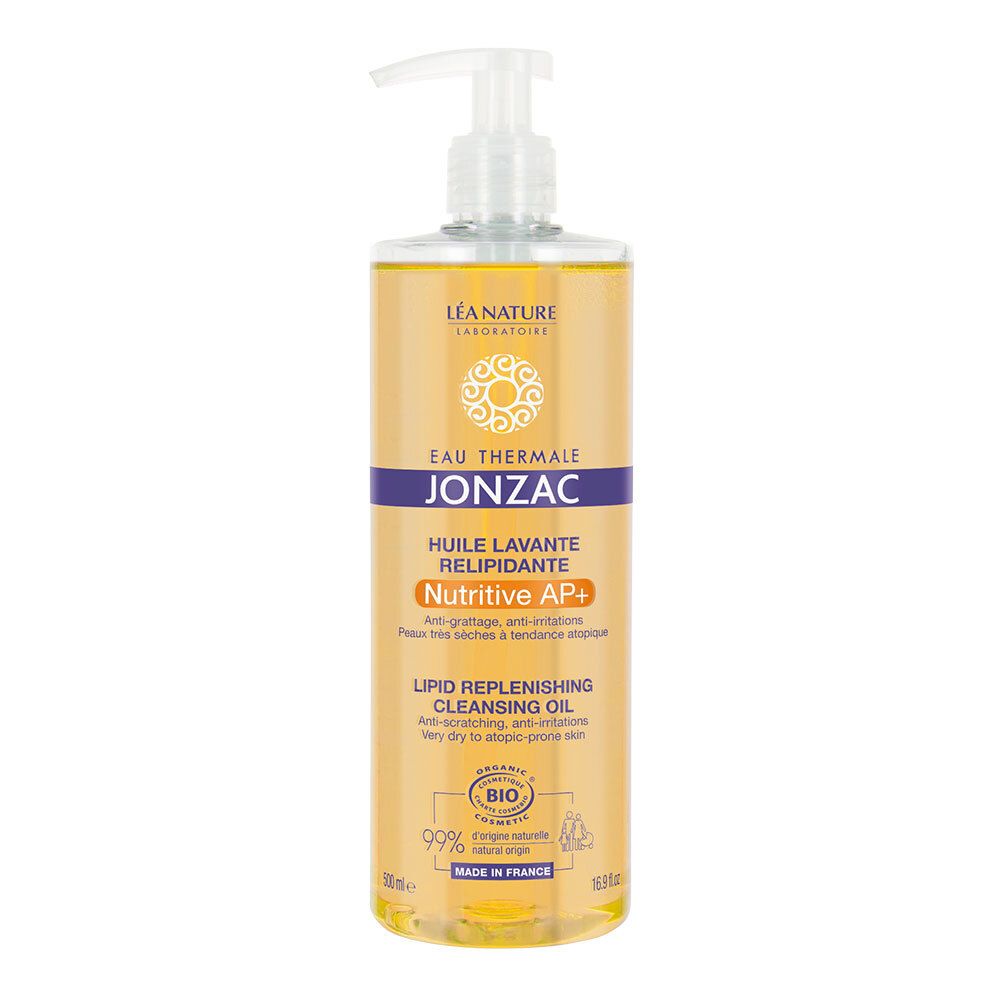Jonzac Olio Nutritive AP+ Detergente. Flacone con dosatore. Liquido giallastro. Certificazione bio.