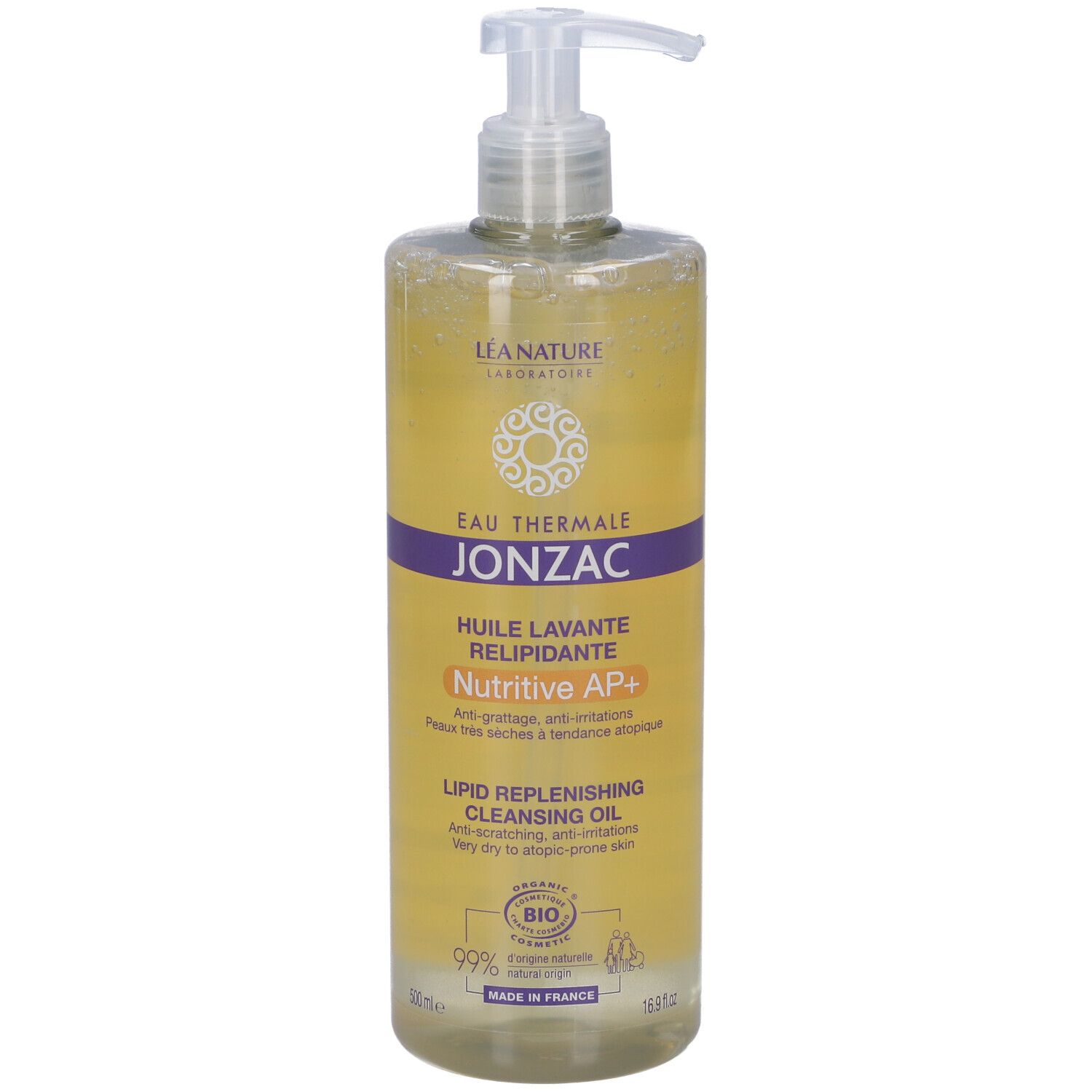 Jonzac Olio Nutritive AP+ Detergente. Flacone con dosatore. Liquido giallastro. Certificazione bio.