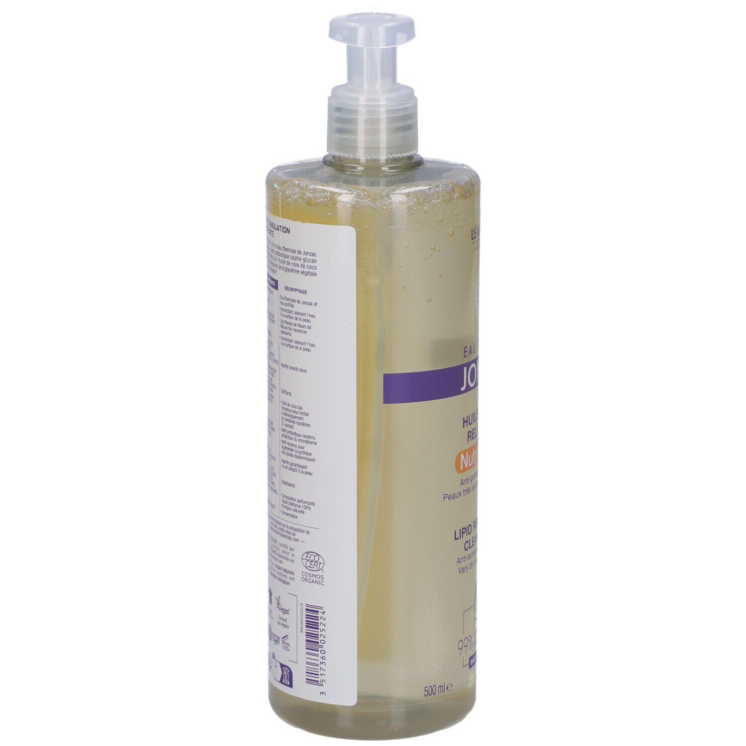 Retro del flacone Jonzac Olio Nutritive AP+ Detergente. Informazioni, ingredienti, certificazioni.