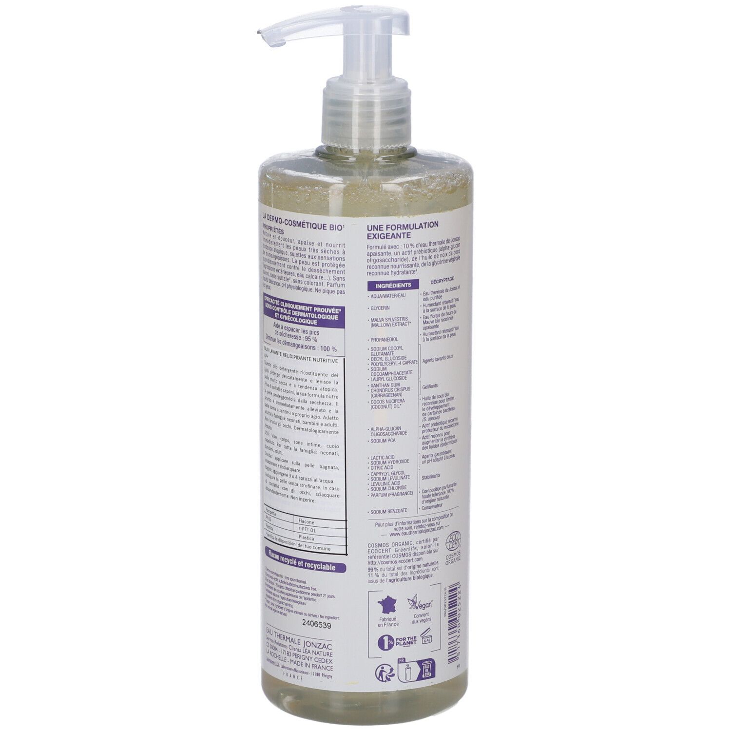 Retro del flacone Jonzac Olio Nutritive AP+ Detergente. Testo, ingredienti, certificazioni.