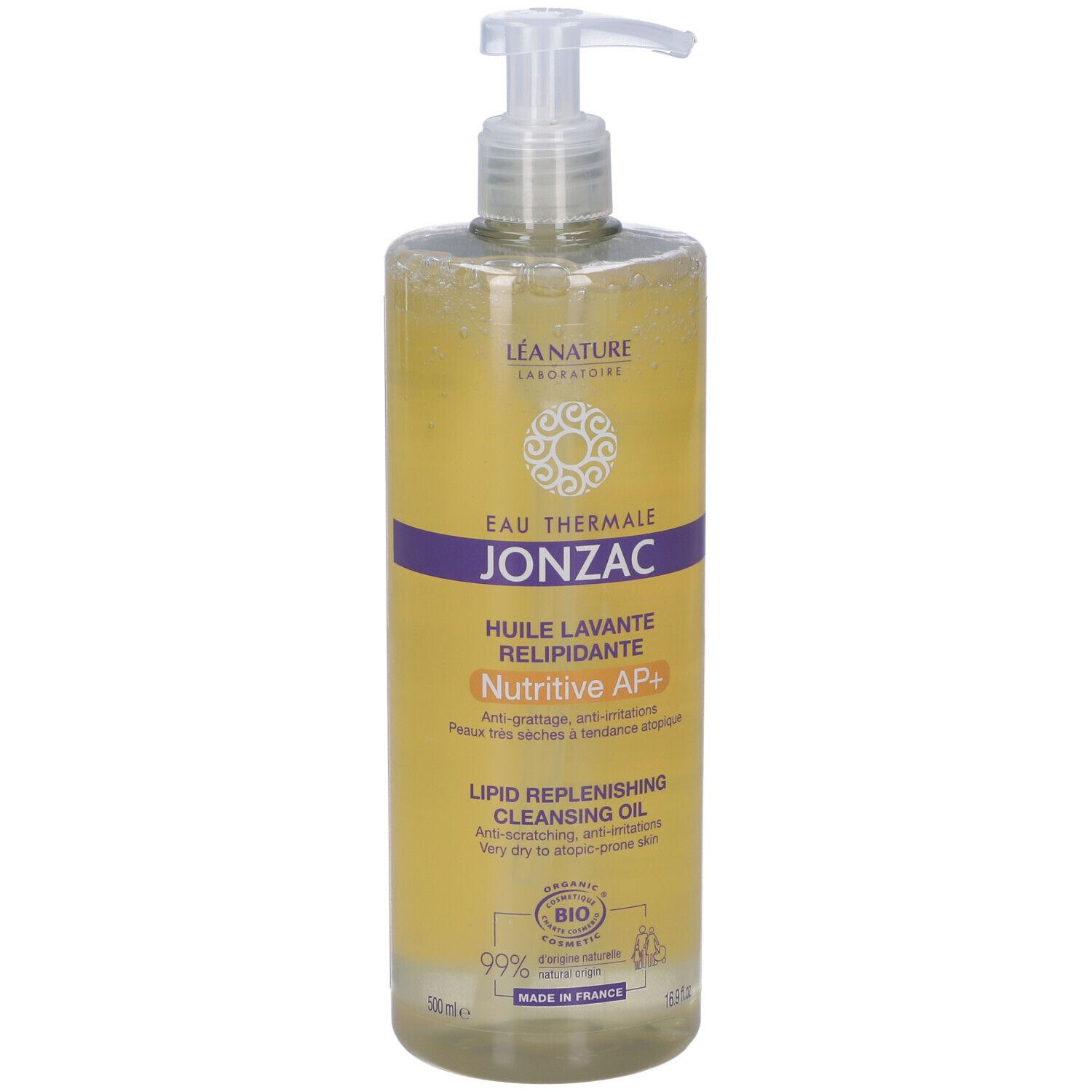 Jonzac Olio Nutritive AP+ Detergente. Flacone con dosatore. Liquido giallastro. Certificazione bio.