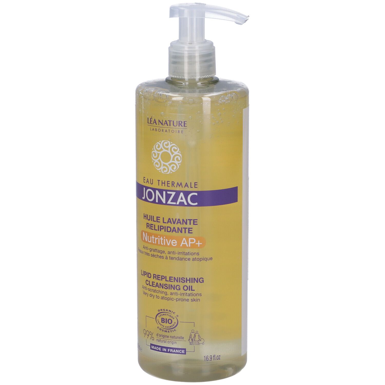Jonzac Olio Nutritive AP+ Detergente. Flacone con dosatore. Liquido giallastro. Certificazione bio.