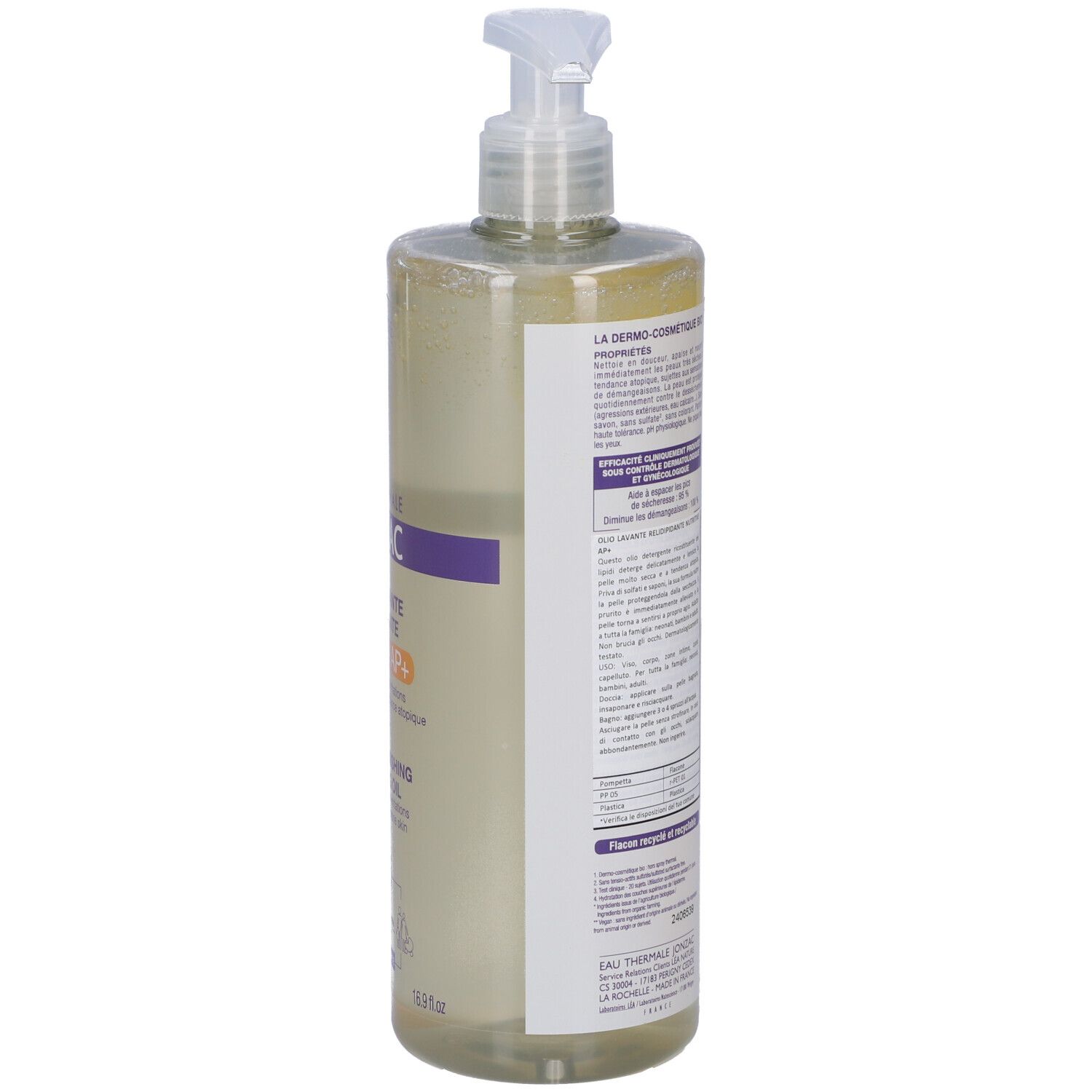 Retro del flacone Jonzac Olio Nutritive AP+ Detergente. Informazioni, ingredienti, certificazioni.