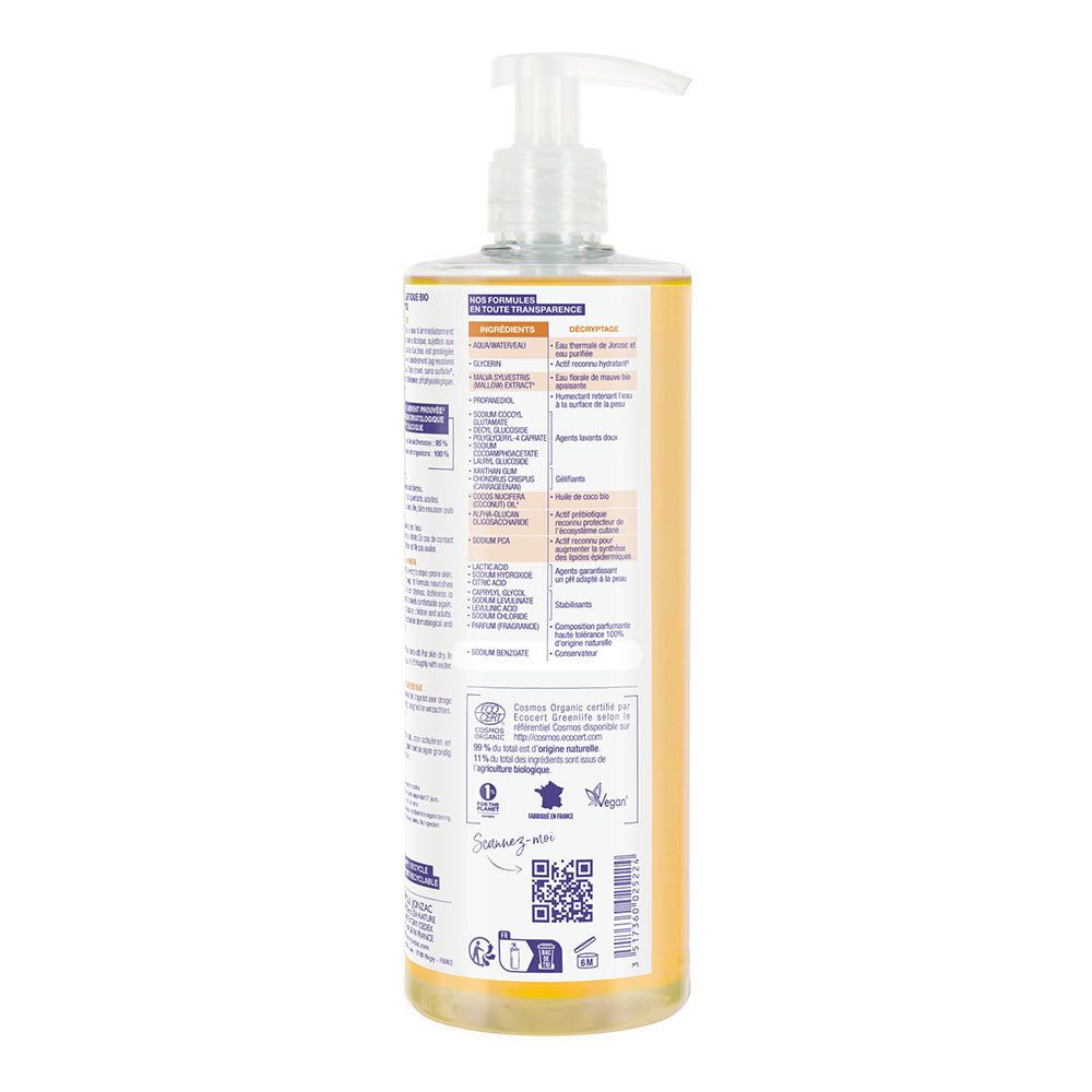Retro del flacone Jonzac Olio Nutritive AP+ Detergente. Informazioni, ingredienti, certificazioni.