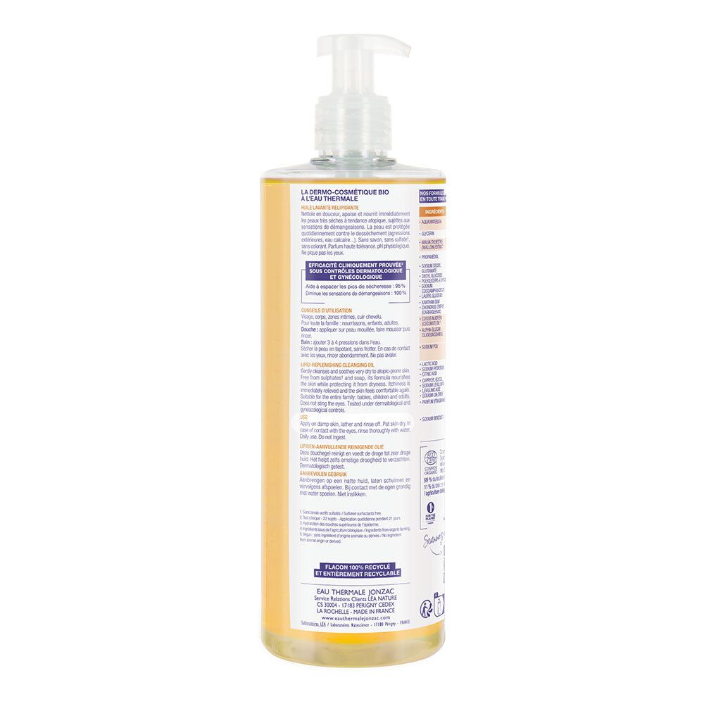 Retro del flacone Jonzac Olio Nutritive AP+ Detergente. Testo, ingredienti, certificazioni.