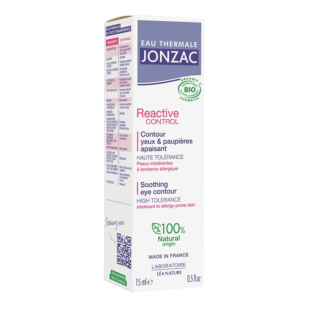 Karton Eau Thermale Jonzac. Text: Reactive Control, Augen- und Augenlidkontur. 15ml. Mit Bio-Zertifizierung.