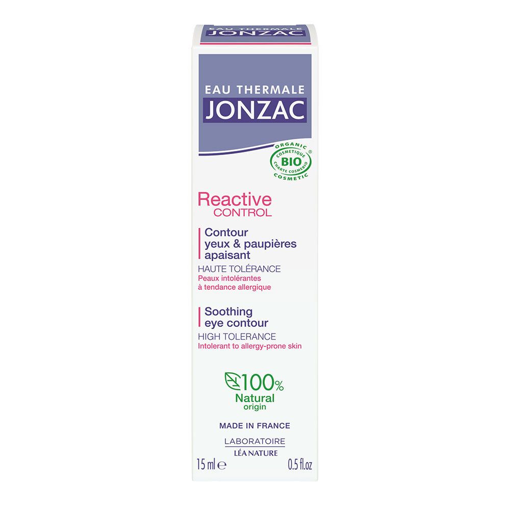 Karton Eau Thermale Jonzac. Text: Reactive Control, Augen- und Augenlidkontur. 15ml. Mit Bio-Zertifizierung.
