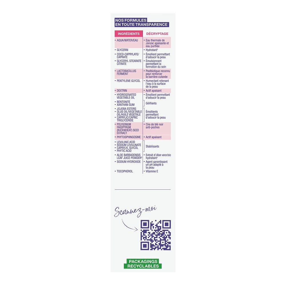 Rückseite der Verpackung. Auflistung der Inhaltsstoffe und deren Funktionen. QR-Code und Hinweise zur Recyclingfähigkeit.