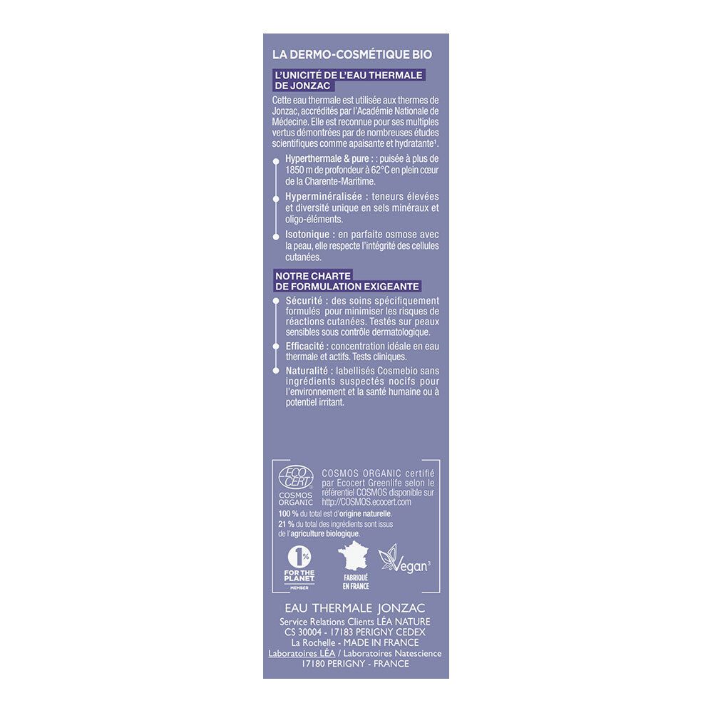 Rückseite der Verpackung. Informationen über die Thermalwasserquelle Jonzac und Bio-Zertifizierung.