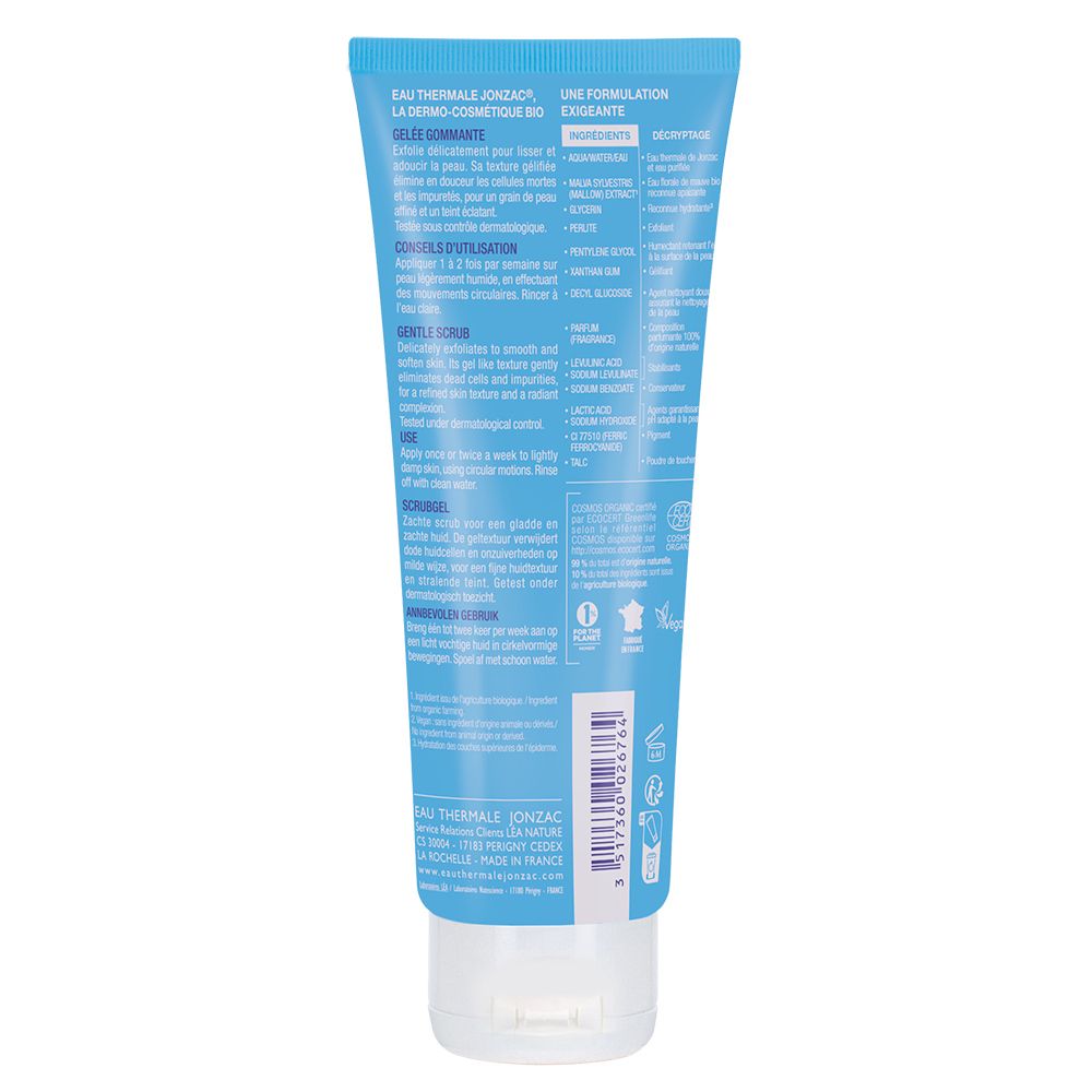 Rückseite einer hellblauen Tube. Text: Eau Thermale Jonzac, Gelée gommante. Inhaltsstoffe und Anwendungshinweise.