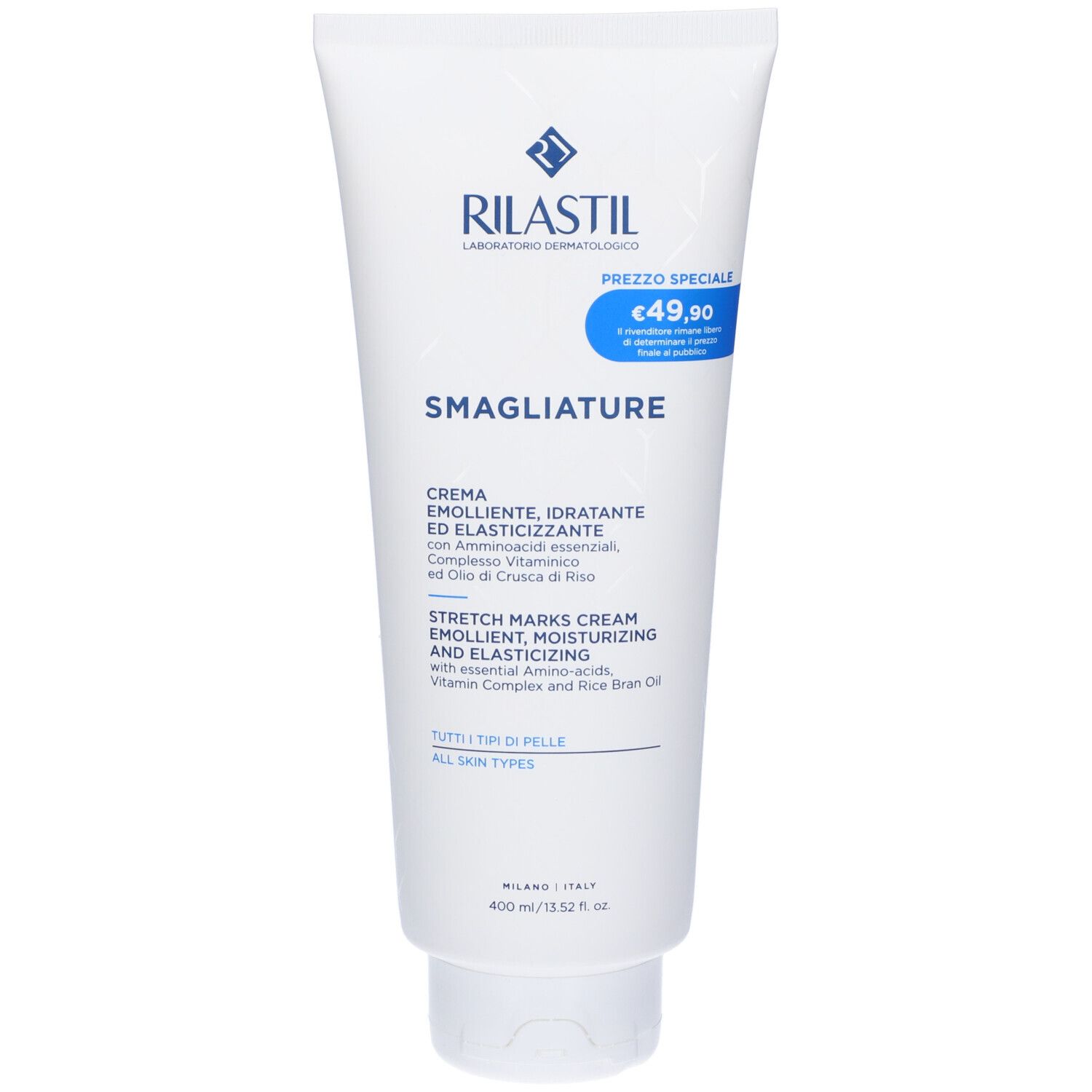 Tubo bianco con scritta blu: Rilastil Smagliature Crema. Etichetta prezzo: 49,90 €. Testo in italiano.