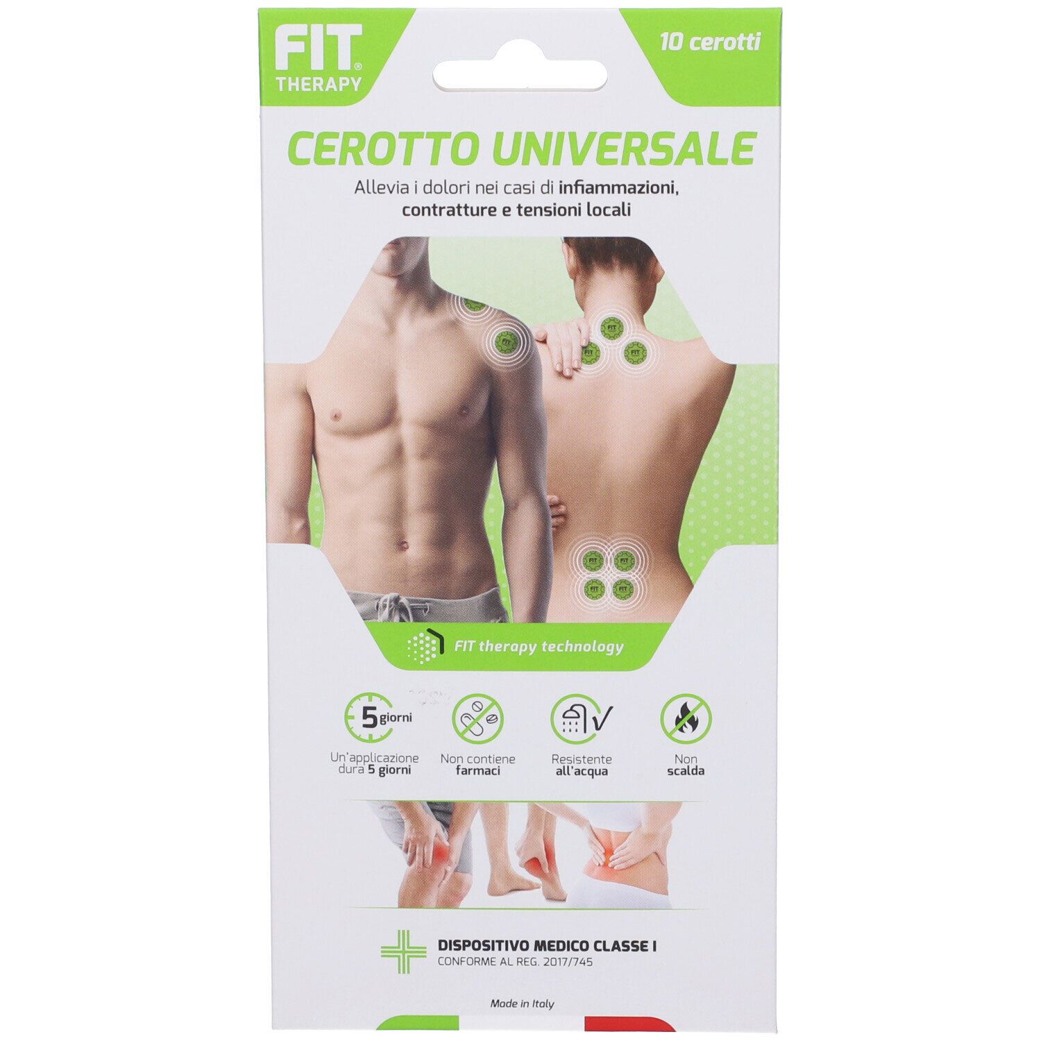 Confezione da 10 cerotti. Testo: Fit Therapy Cerotto Universale. Illustrazione: applicazione su spalla, schiena e gambe.