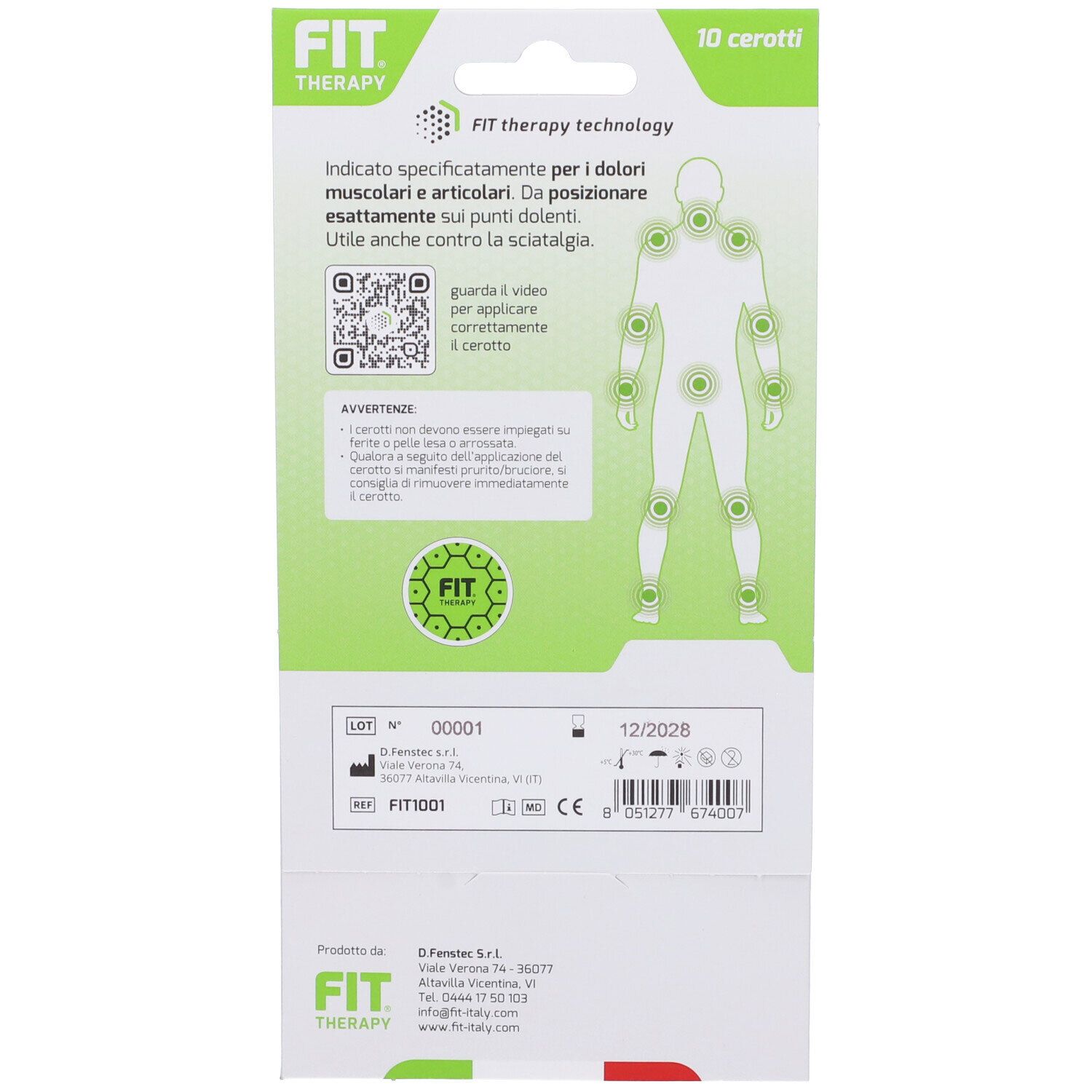 Retro della confezione. Testo: Fit Therapy. Informazioni sull'uso e avvertenze. Codice QR e marchio CE.