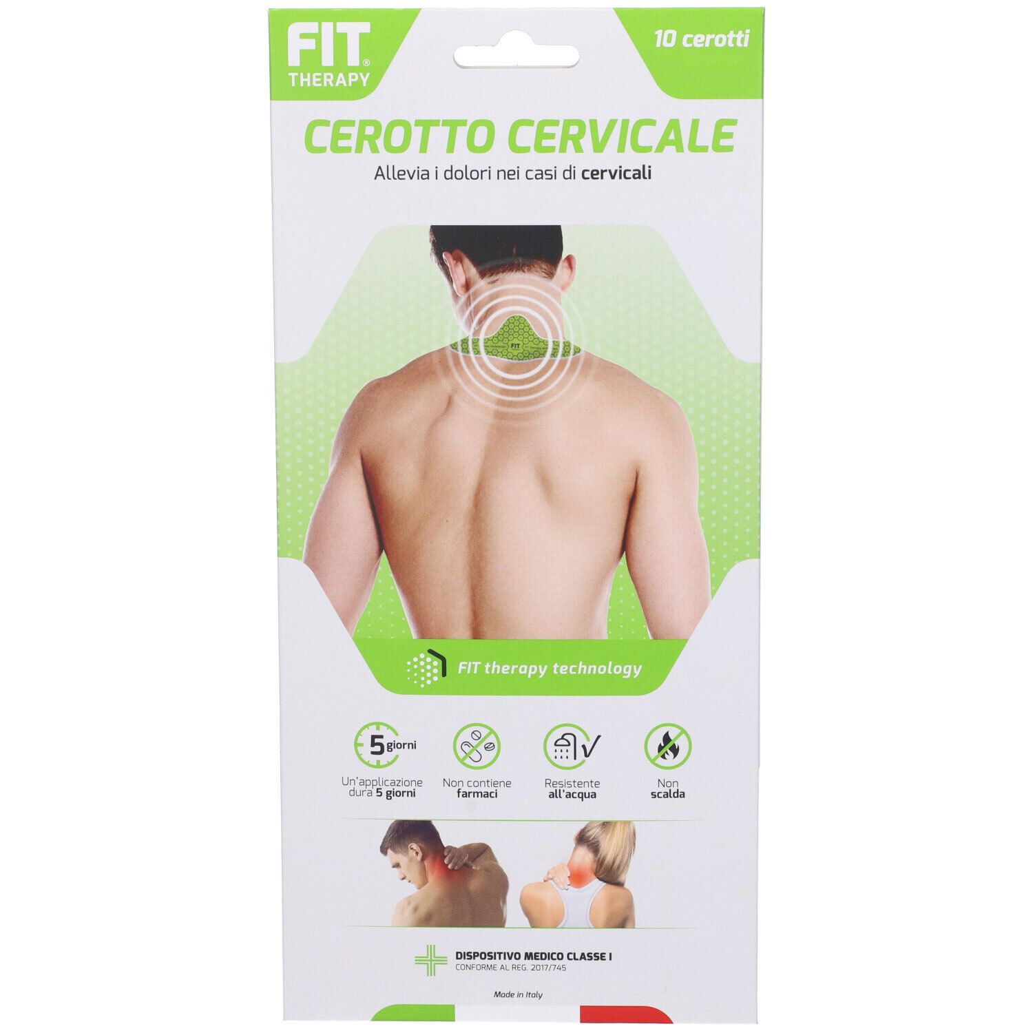 Confezione da 10 cerotti. Scritta: Cerotto Cervicale. Immagine di uomo con collo. Dettagli verdi.
