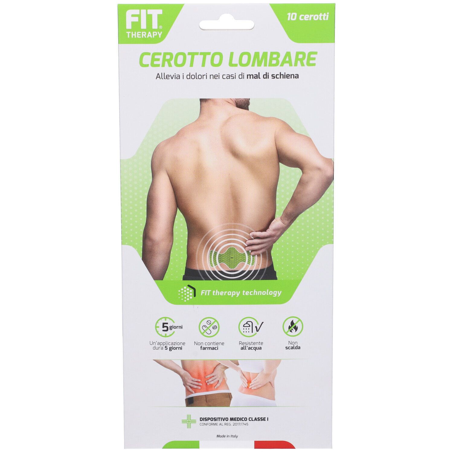 Confezione "Fit Therapy Cerotto Lombare". Uomo con dolore alla schiena. 10 cerotti. Marchio e indicazioni.