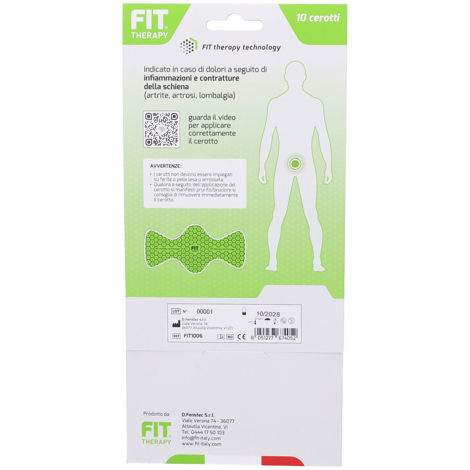 Retro confezione "Fit Therapy Cerotto Lombare". Cerotto e informazioni. 10 cerotti. Codice QR.