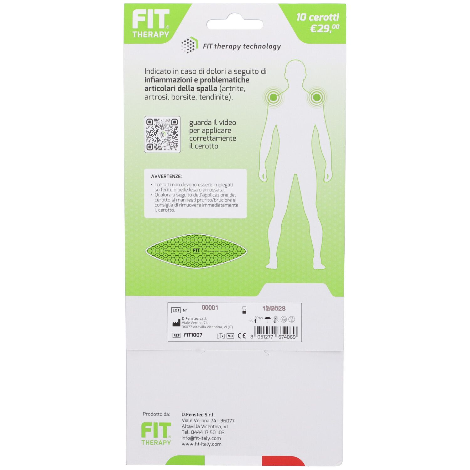 Rückseite der Verpackung "Cerotto Spalla". Enthält Informationen und QR-Code. Zeigt ein menschliches Skelett.