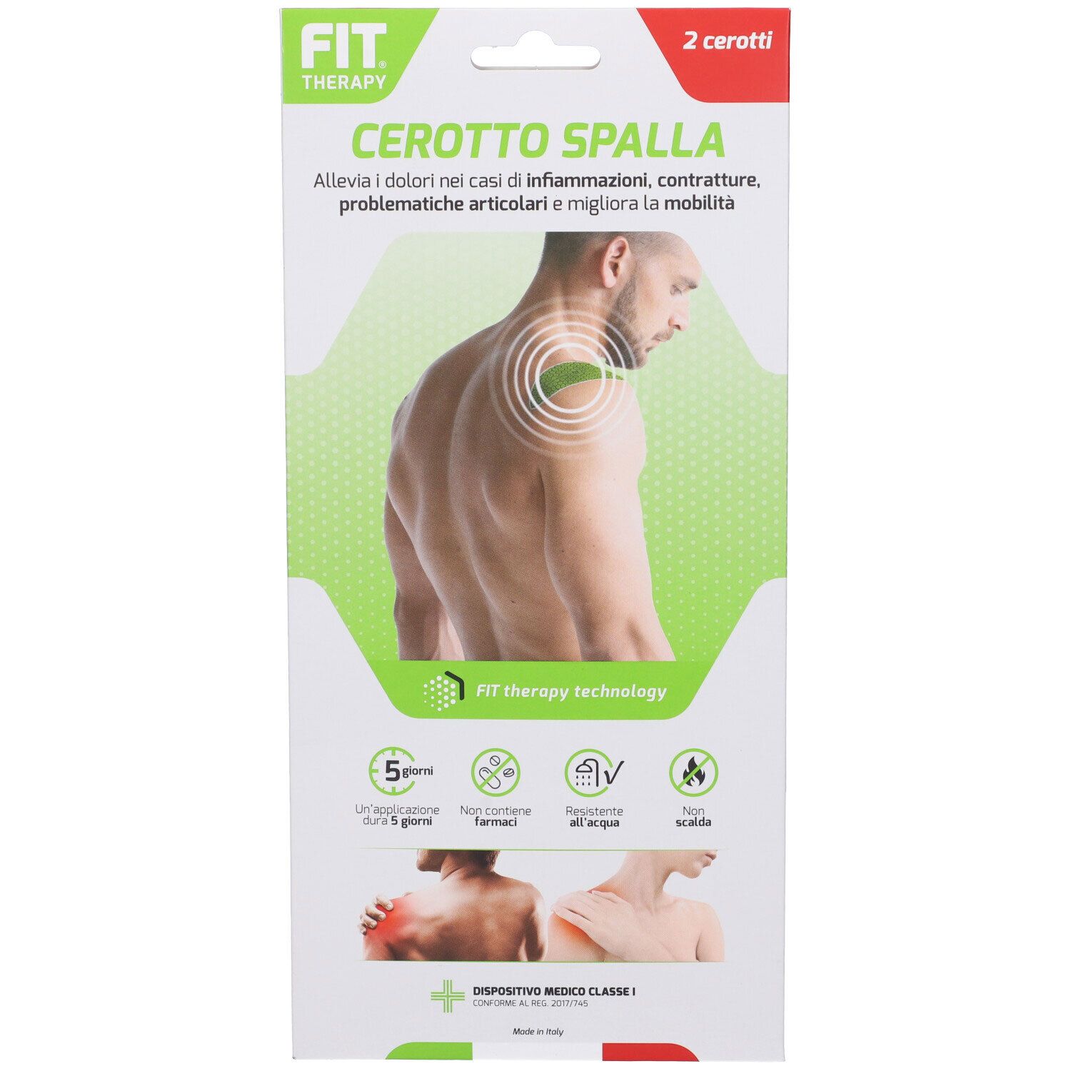 Confezione con due cerotti. Prodotto: Cerotto Spalla. Design verde e bianco. Uomo con dolore alla spalla. Dispositivo medico.