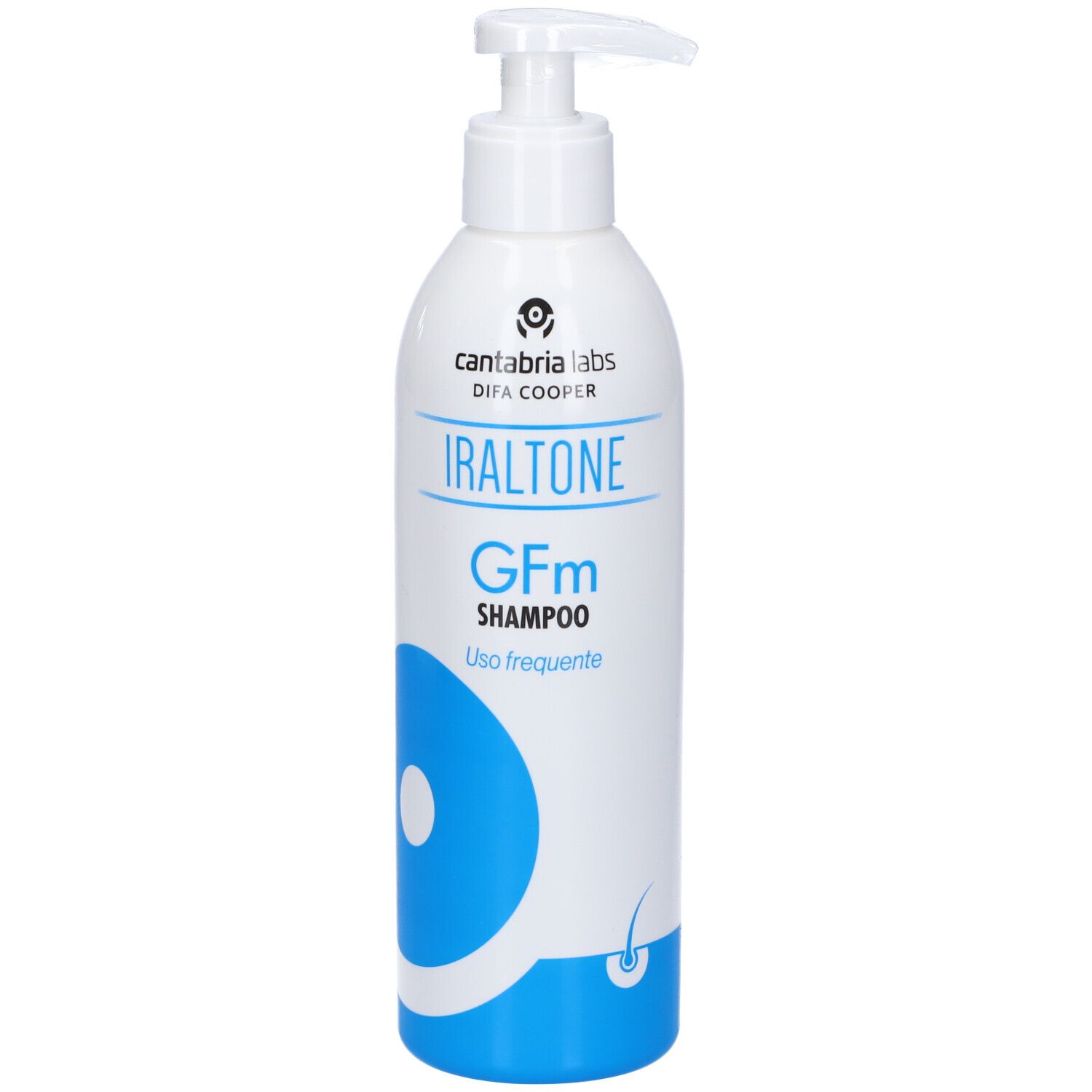 Flacone bianco con dosatore. Scritta Iraltone GFm Shampoo. Elemento di design blu.