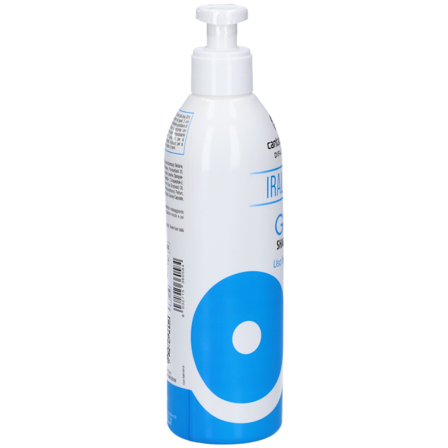 Flacone bianco con dosatore. Scritta Iraltone GFm Shampoo. Elemento di design blu.