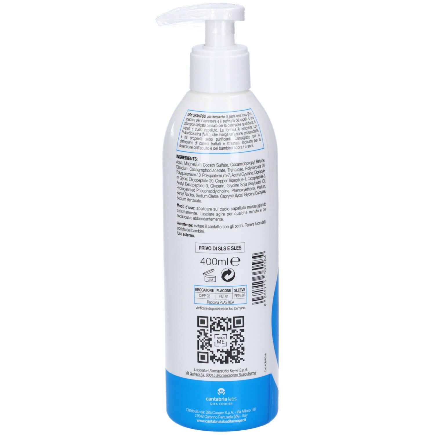 Retro del flacone bianco con dosatore. Testo e codice QR. Elemento di design blu.
