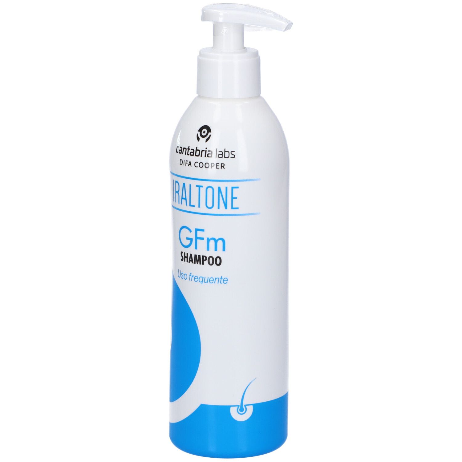 Flacone bianco con dosatore. Scritta Iraltone GFm Shampoo. Elemento di design blu.