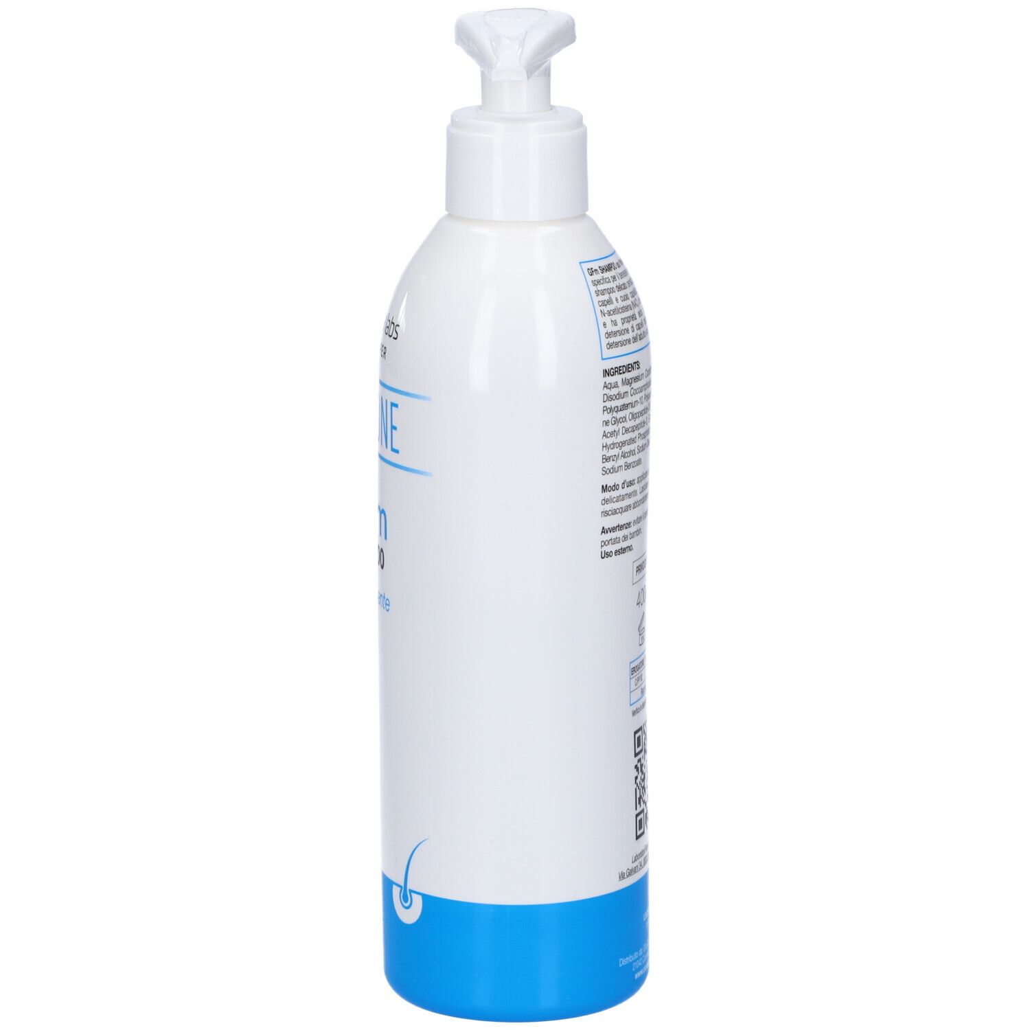 Flacone bianco con dosatore. Scritta Iraltone GFm Shampoo. Elemento di design blu.
