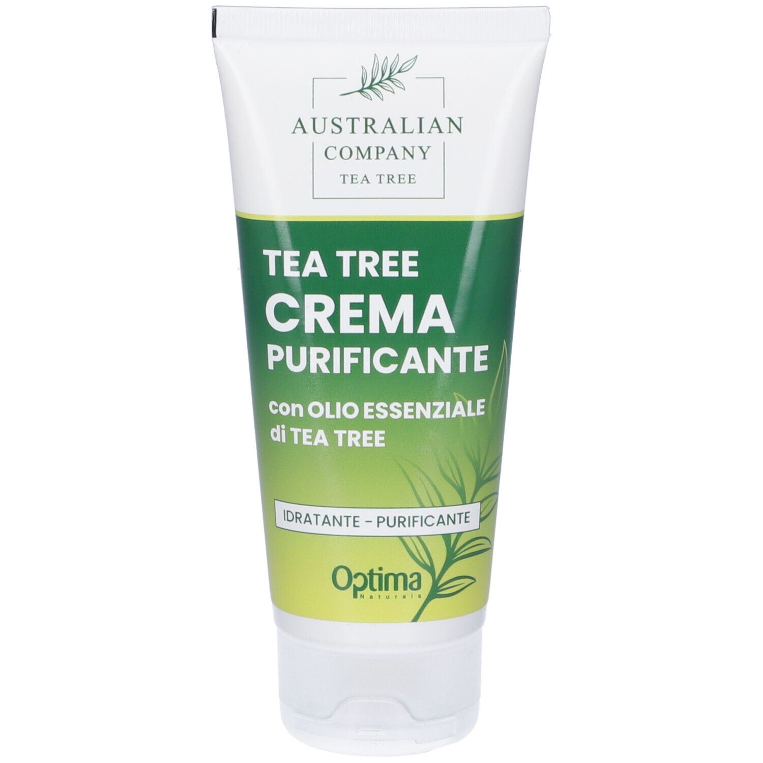 Tube mit weißem Deckel. Aufschrift: Australian Company Tea Tree, Tea Tree Crema Purificante. Grüner Hintergrund mit Blättern.