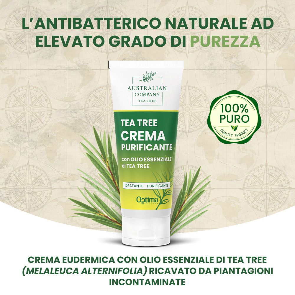 Tube mit Teebaumöl-Creme, "100% Puro" Siegel, umgeben von Teeblattelementen.