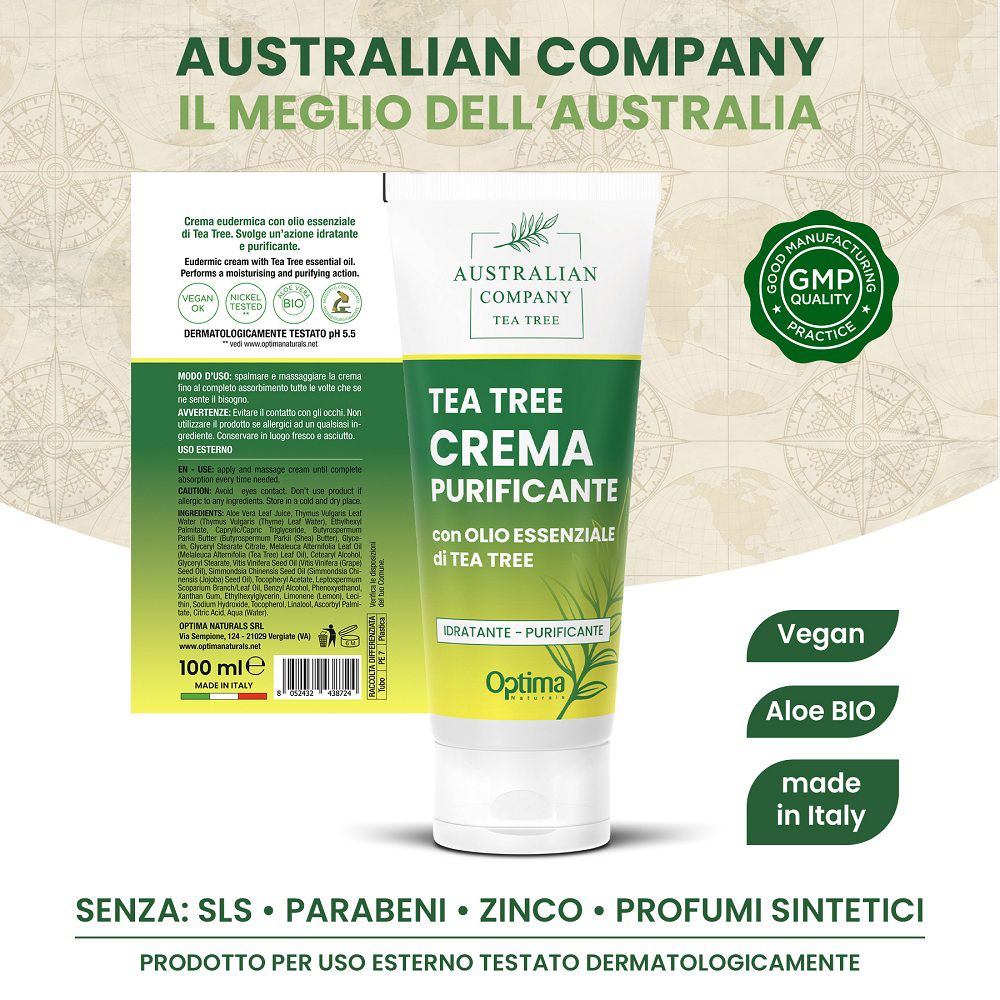 Tube mit Teebaumöl-Creme, "Vegan", "Aloe BIO", "made in Italy" Siegel, GMP-Qualität.