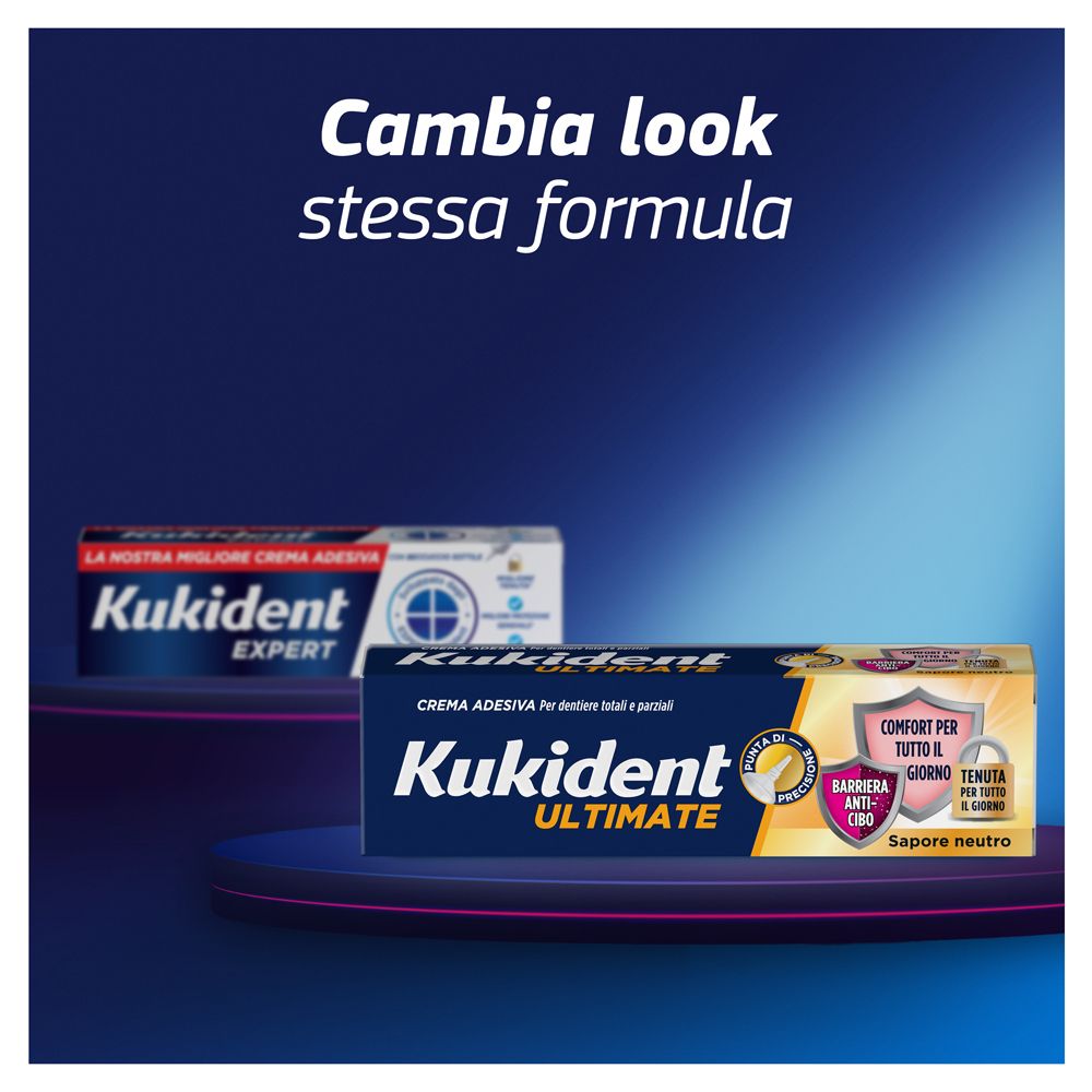 Kukident Ultimate Crema Adesiva Protesi Dentali Gusto Neutro. Zwei Verpackungen. Blaue und gelbe Farben.