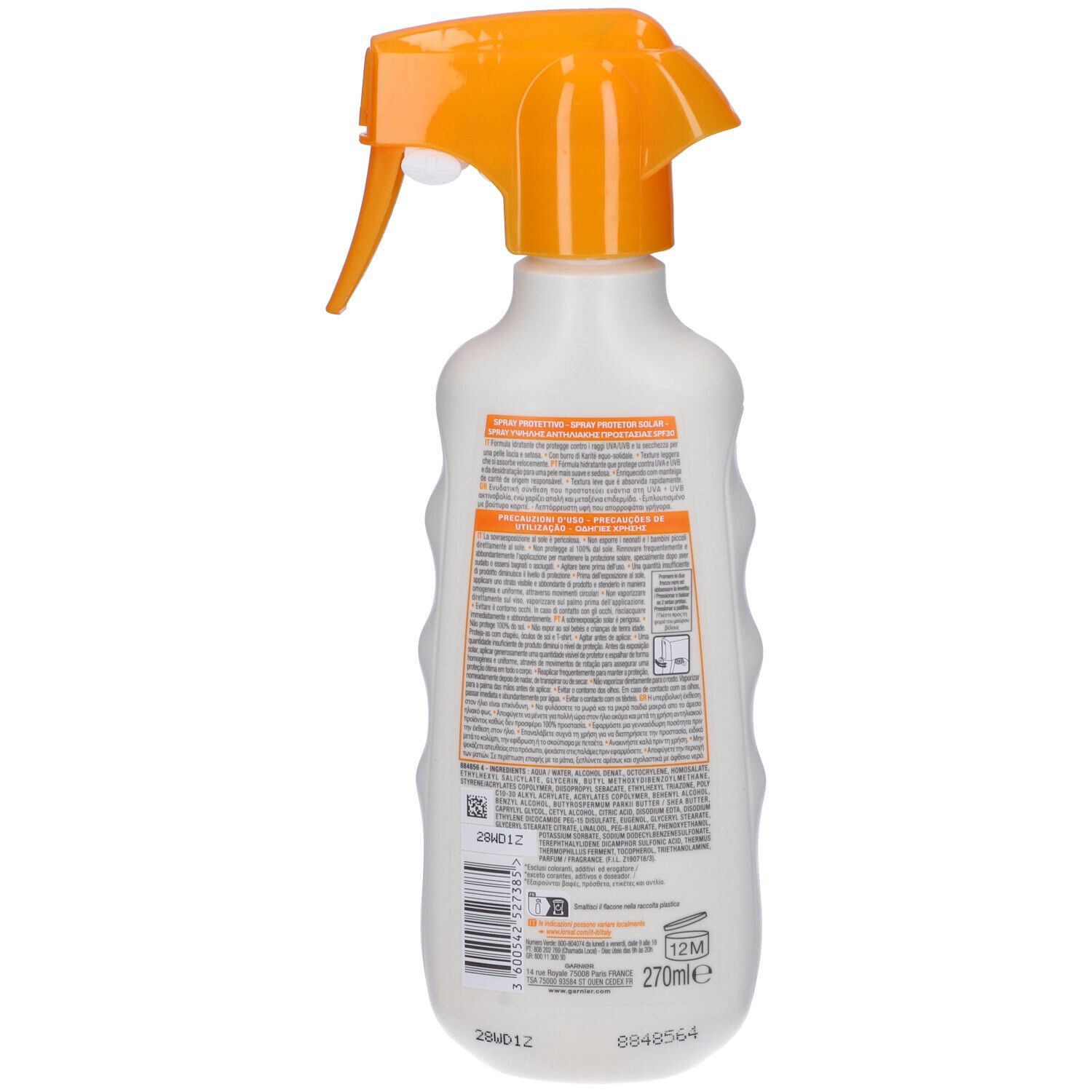 Retro del flacone bianco con erogatore arancione. Testo e codice a barre. Volume: 270ml. Simbolo 12M.