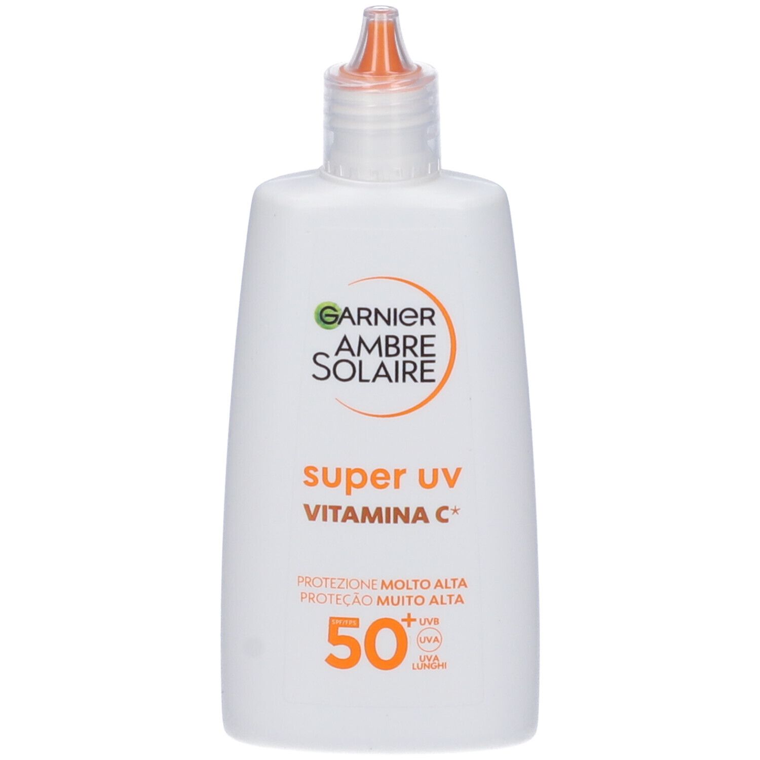 Flacone bianco Garnier Ambre Solaire Super UV, Vitamina C+. SPF 50+. Tappo arancione.