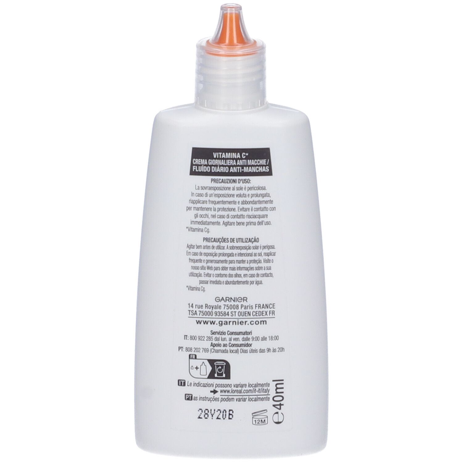 Retro del flacone bianco. Informazioni testuali, ingredienti, indirizzo del produttore. Volume: 40ml.