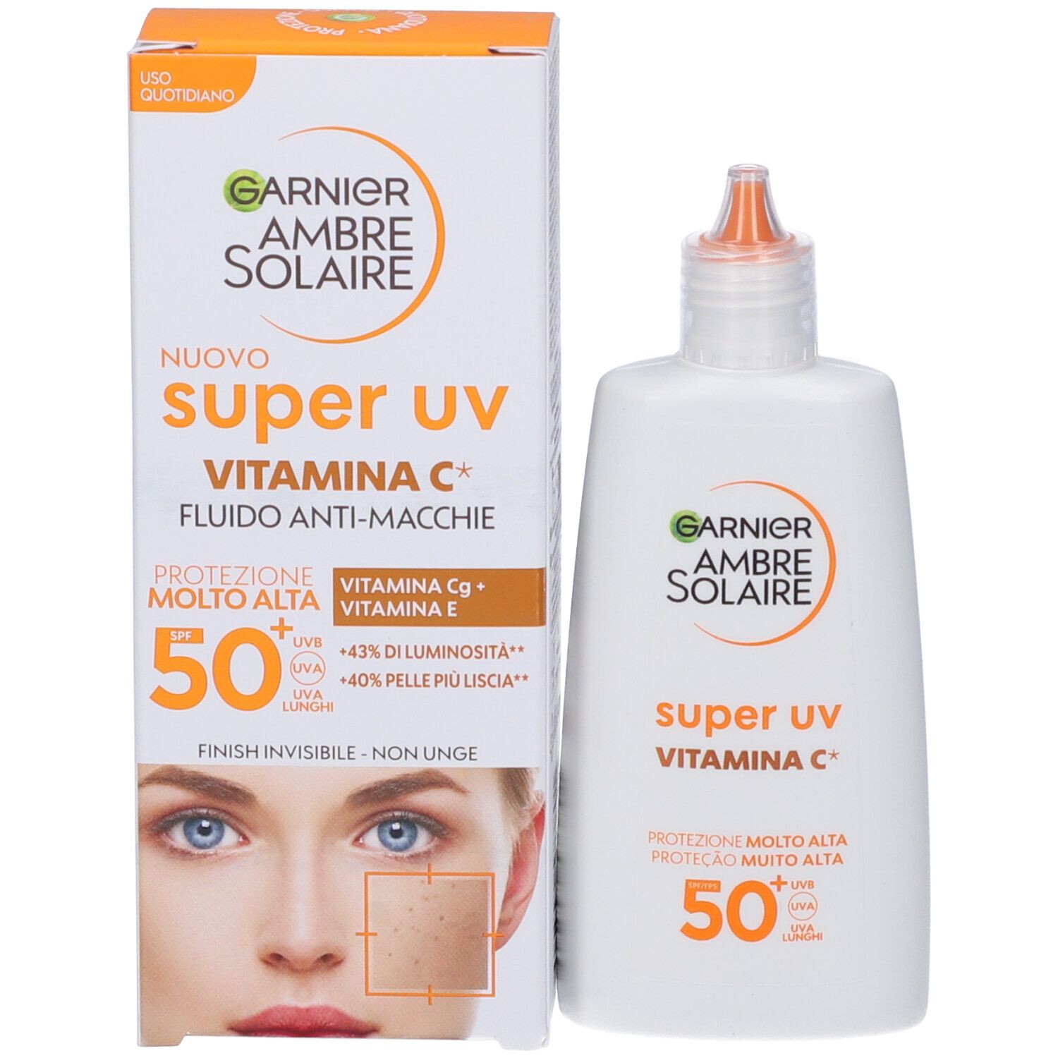 Confezione prodotto con flacone. Garnier Ambre Solaire Super UV, Vitamina C+. SPF 50+. Viso illustrato.