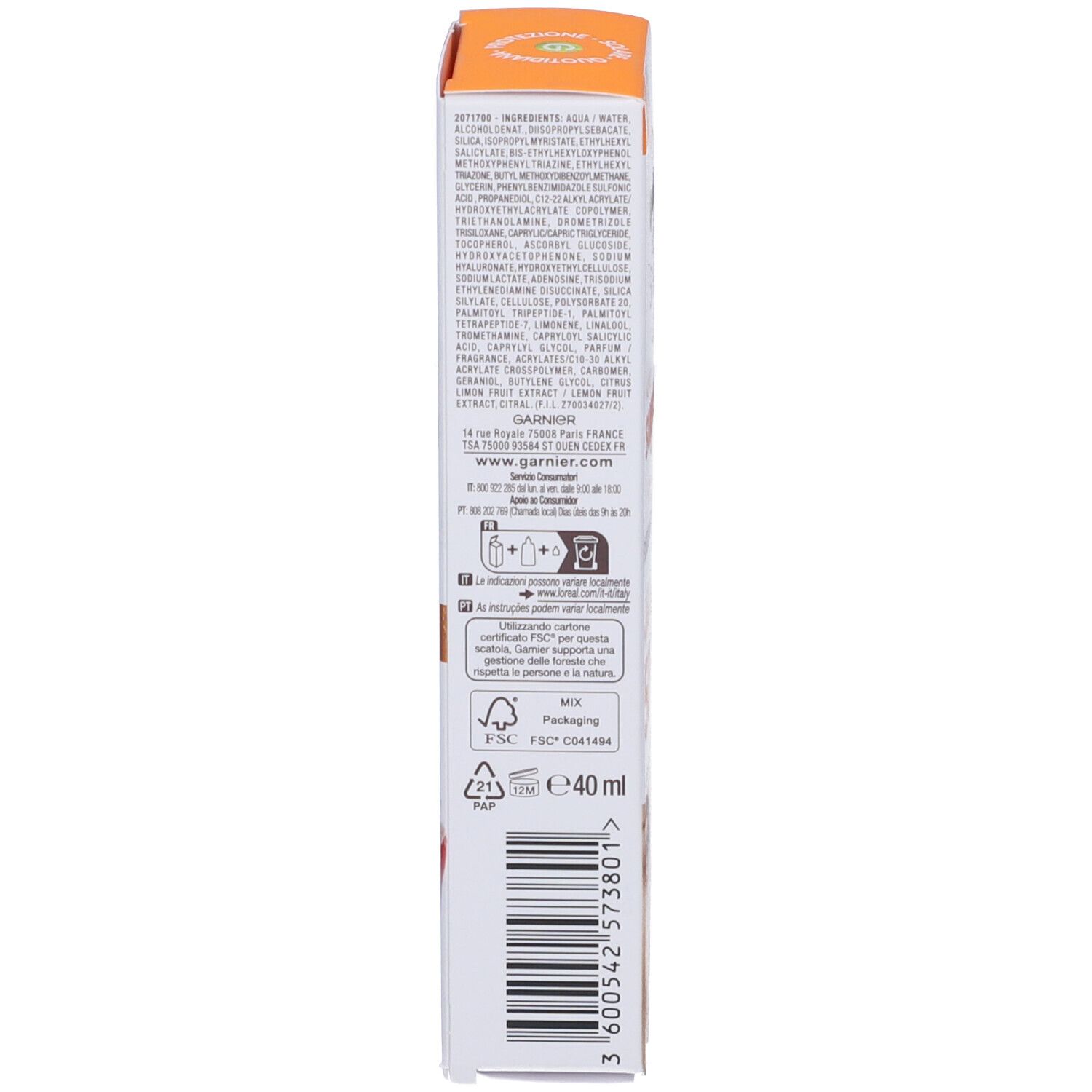 Confezione prodotto, lato. Informazioni testuali, ingredienti, indirizzo produttore. Volume: 40ml.