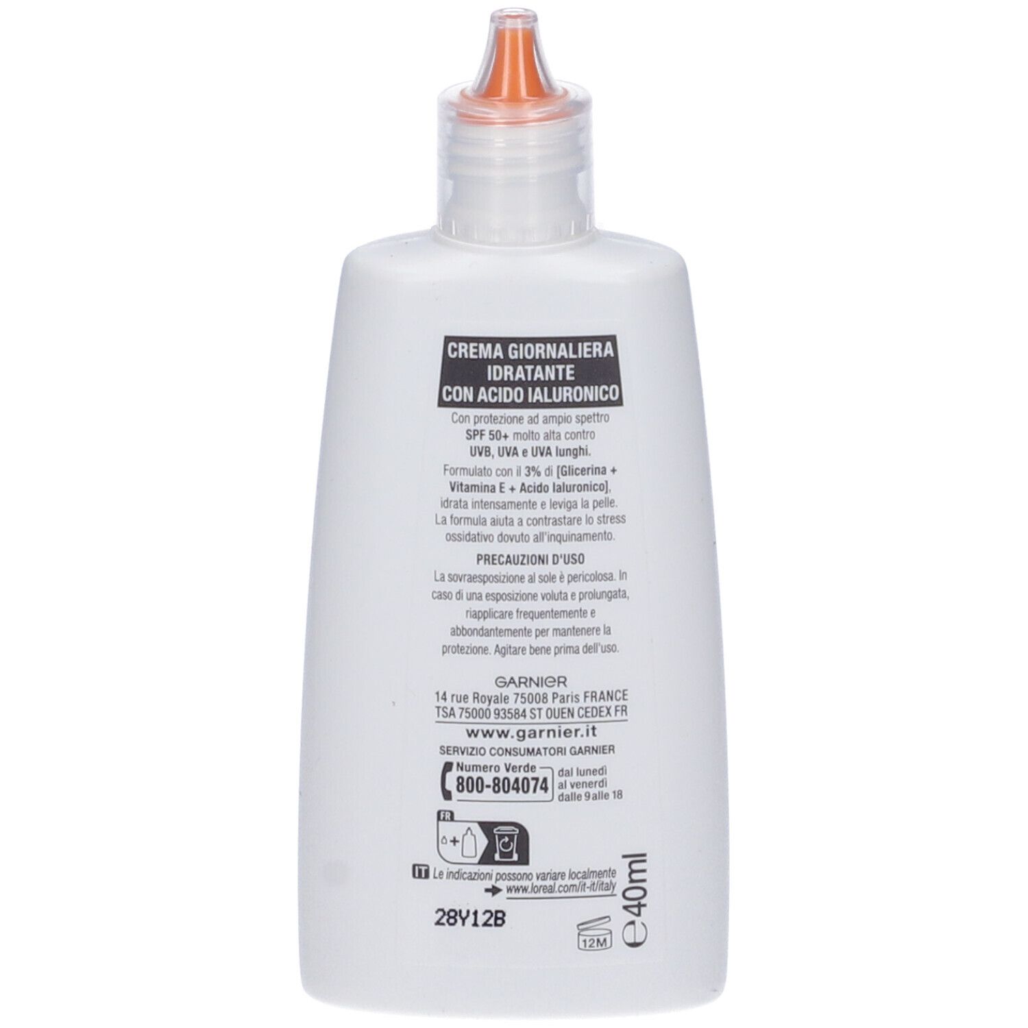Retro del flacone bianco. Testo: Creme giornaliera idratante con acido ialuronico. SPF50+.