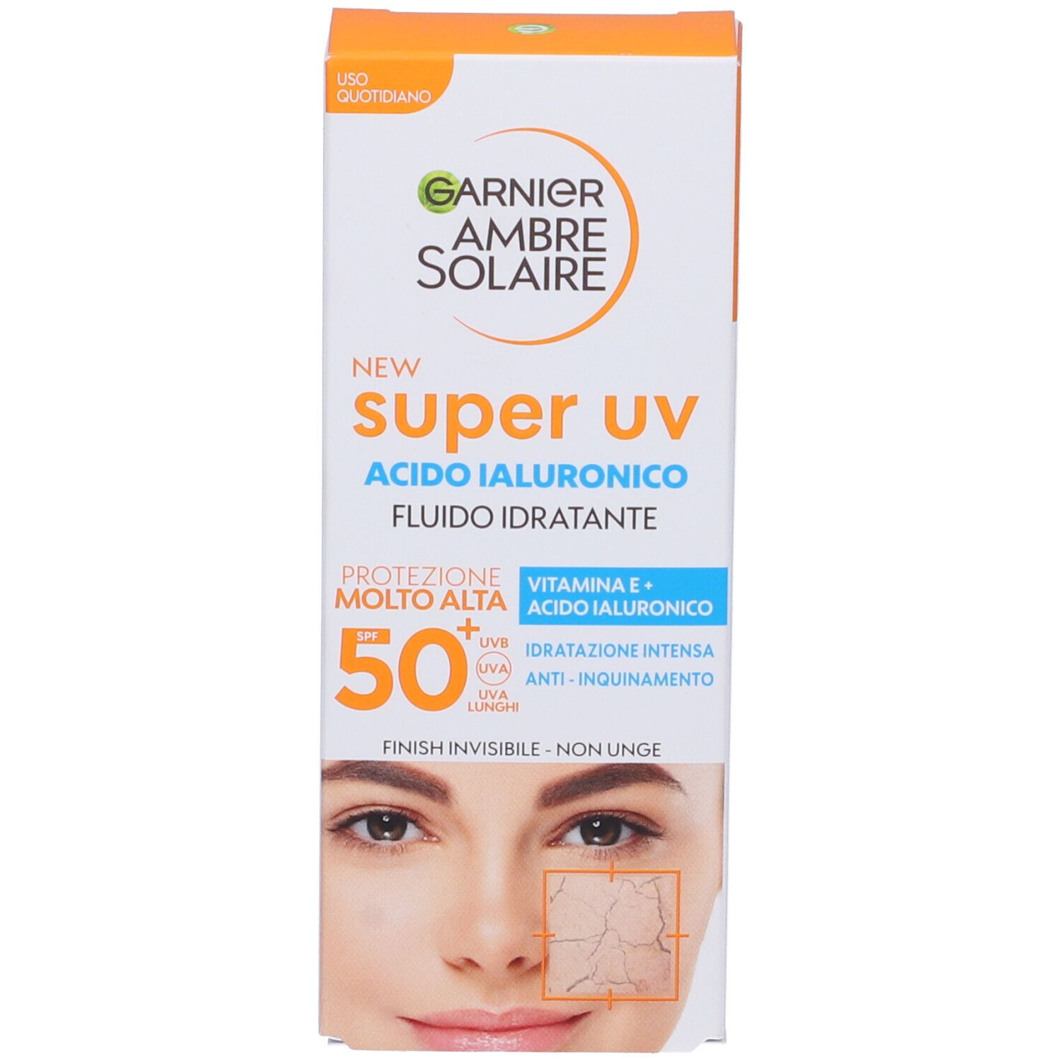 Confezione del prodotto. Scritta: Garnier Ambre Solaire Super UV Acido Ialuronico Fluido Idratante SPF50+.