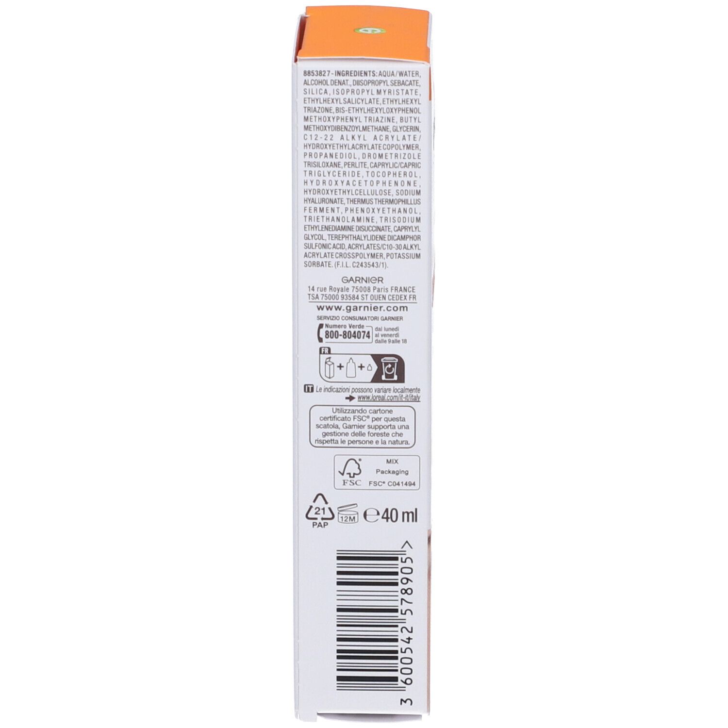 Confezione del prodotto. Testo: Ingredienti, indirizzo Garnier, contatti, codice QR, logo FSC, 40ml.