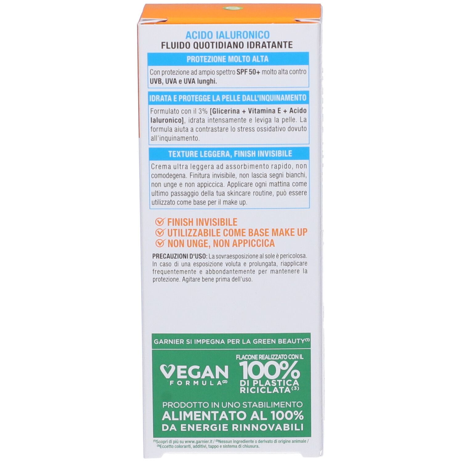 Confezione del prodotto. Testo: Acido Ialuronico Fluido Idratante, SPF50+, Vegan Formula, plastica riciclata al 100%.
