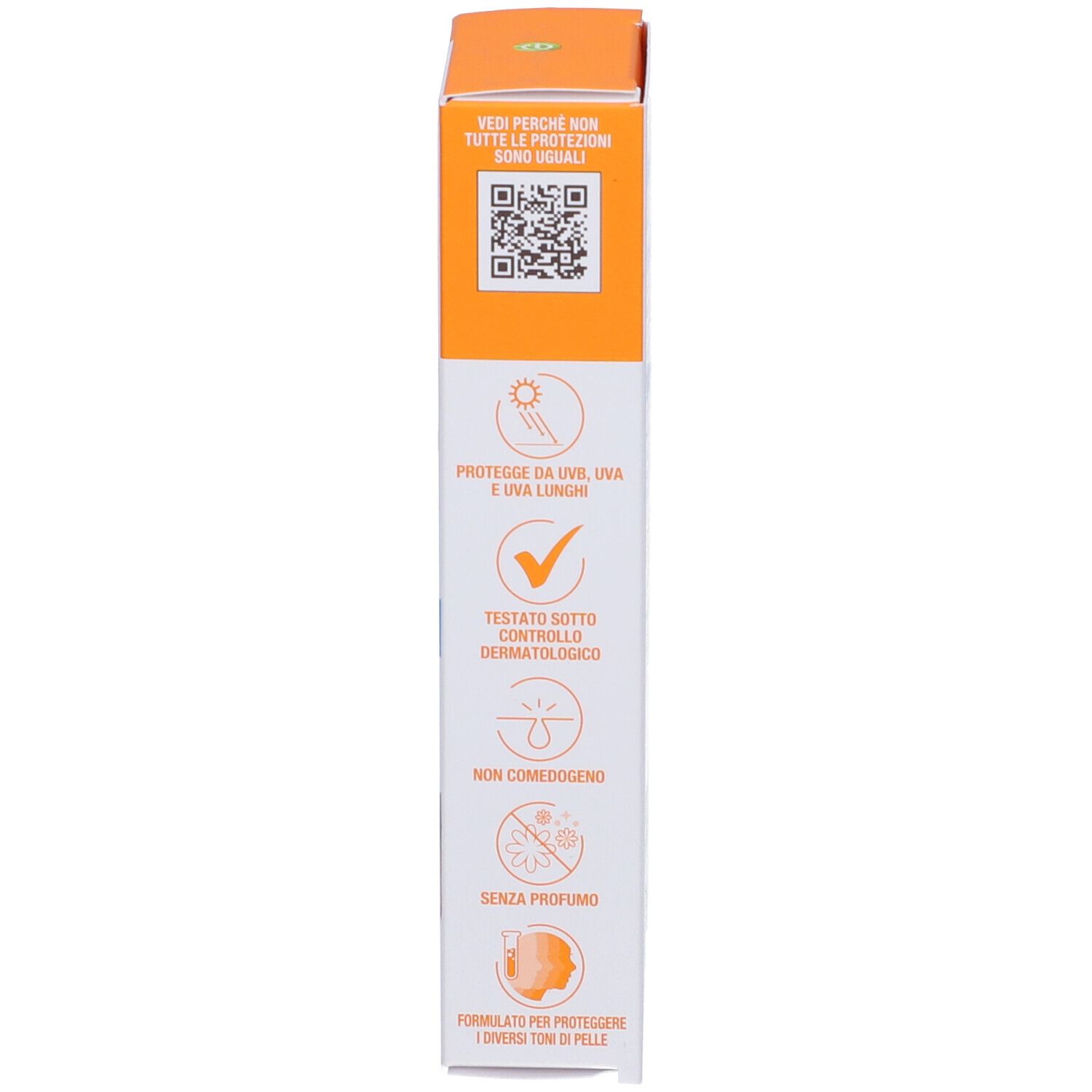 Confezione del prodotto. Testo: Protezione UVA, UVB e raggi UV lunghi, testato dermatologicamente, non comedogenico.